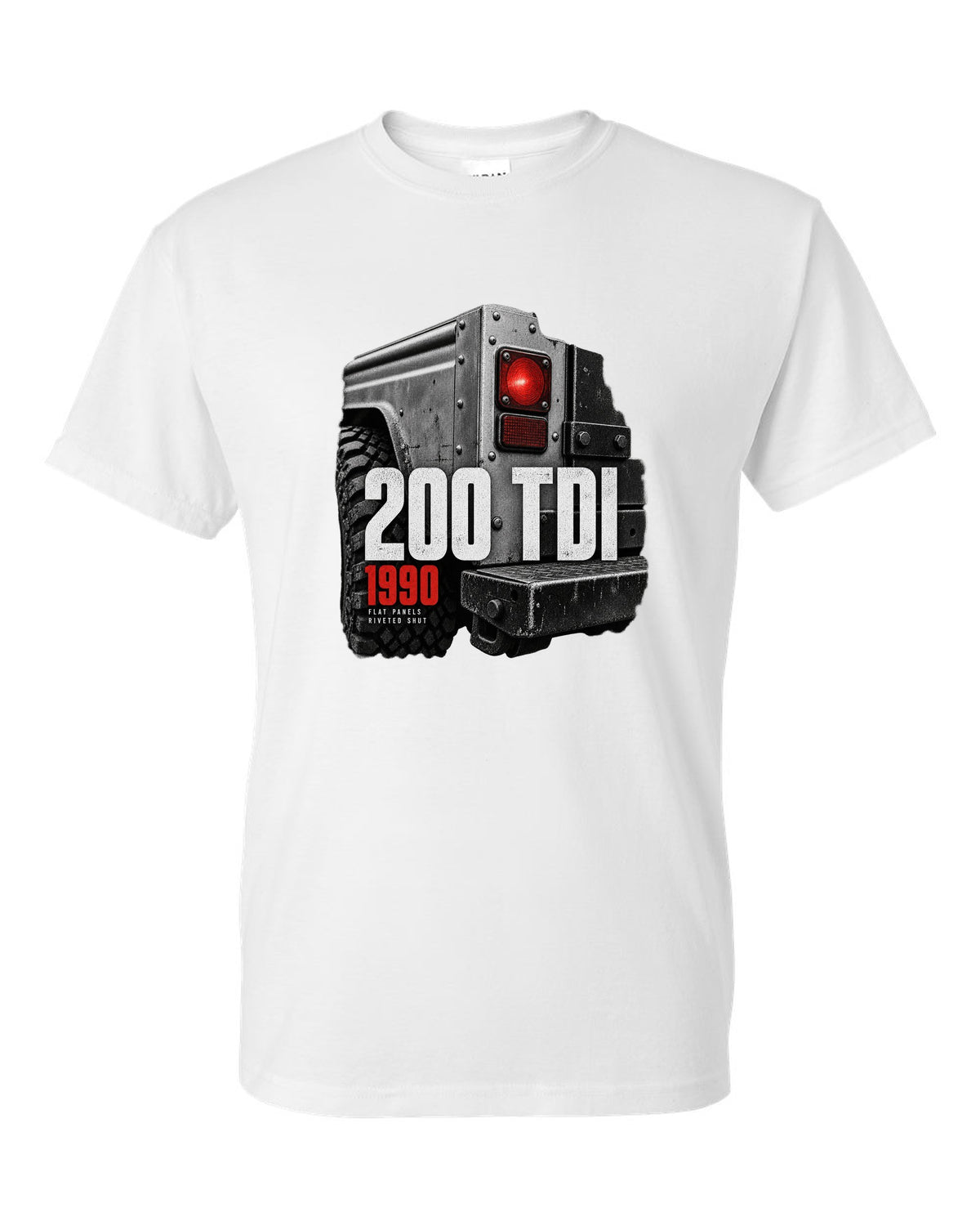 Land Rover Defender 200 Tdi taillight and riveted panel macro print white t-shirt front view with the design
