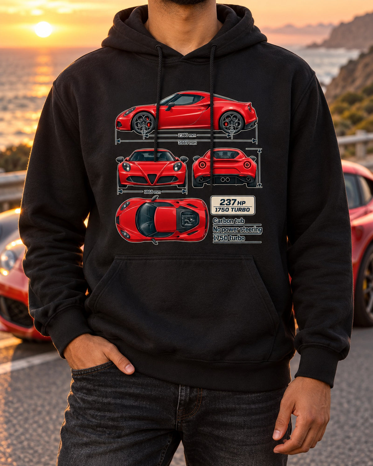 Alfa Romeo 4C Coupe Dimension Blueprint Shirt, Car Guy Gift Pull Over Hoodie Black worn hero
