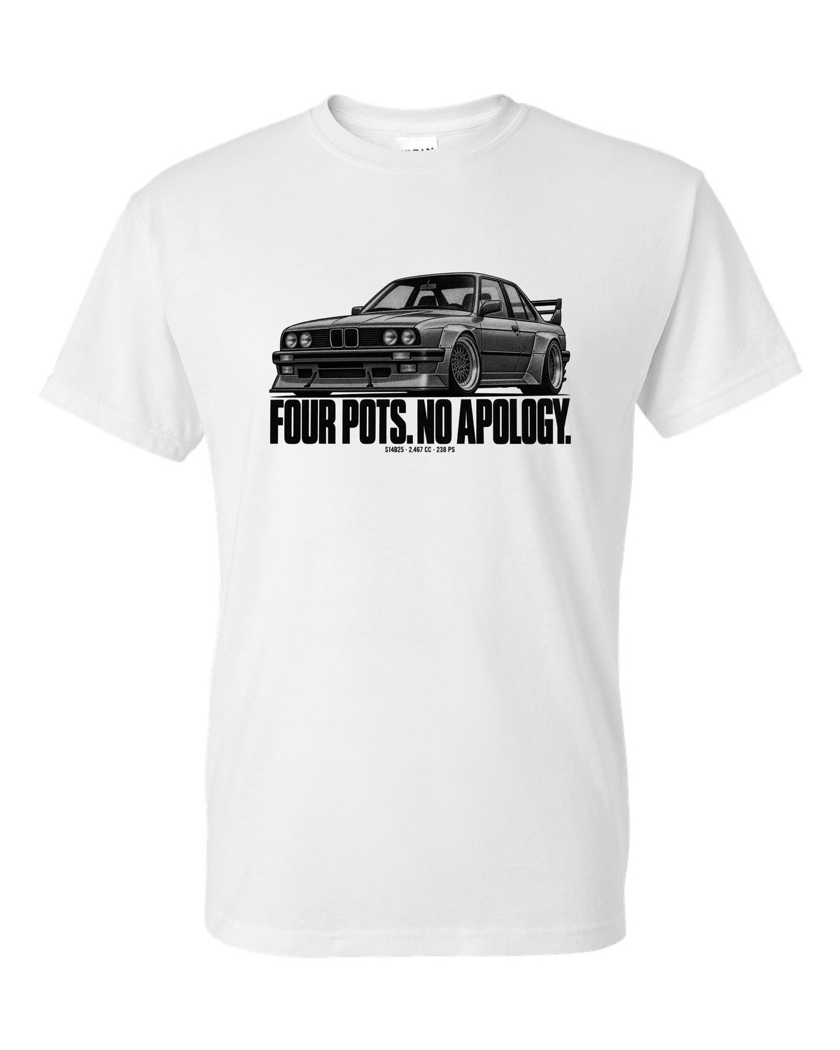 BMW E30 M3 Sport Evo halftone print with S14B25 2,467 cc and 238 PS text white t-shirt front view with the design