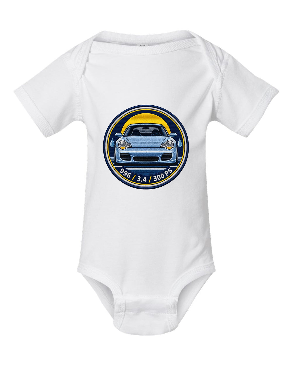 Round crest print of a 2004 Porsche 911 Carrera 997 with the text 997, 3.6 and 325 PS white baby onesie front view with the design