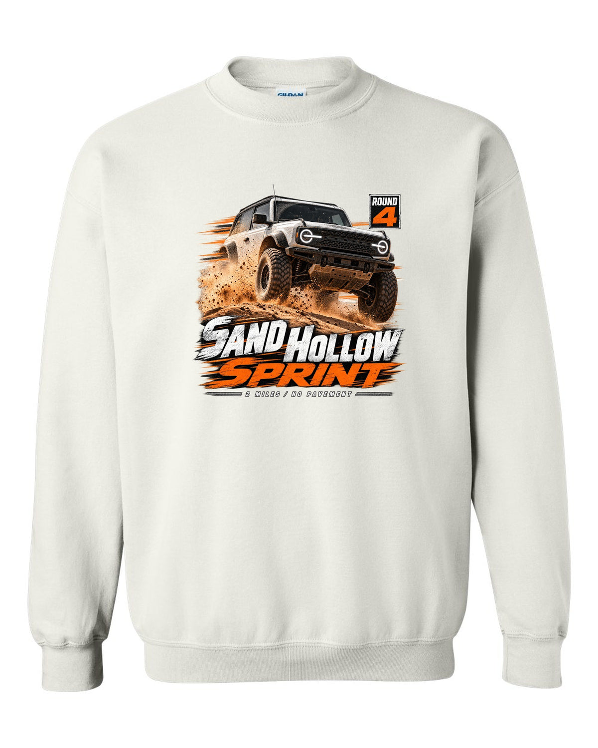 Jeep Wrangler JL dune sprint race poster print with Sand Hollow text white crewneck front view with the design