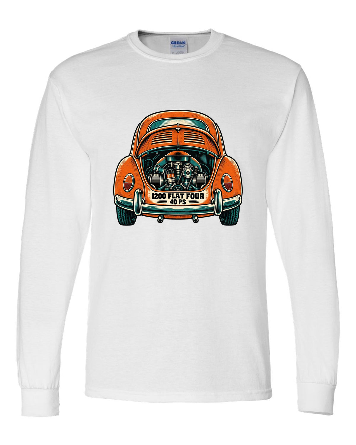 Linocut woodcut style VW Beetle Type 1 with 1200 flat four and 40 PS lettering white long sleeve front view with the design