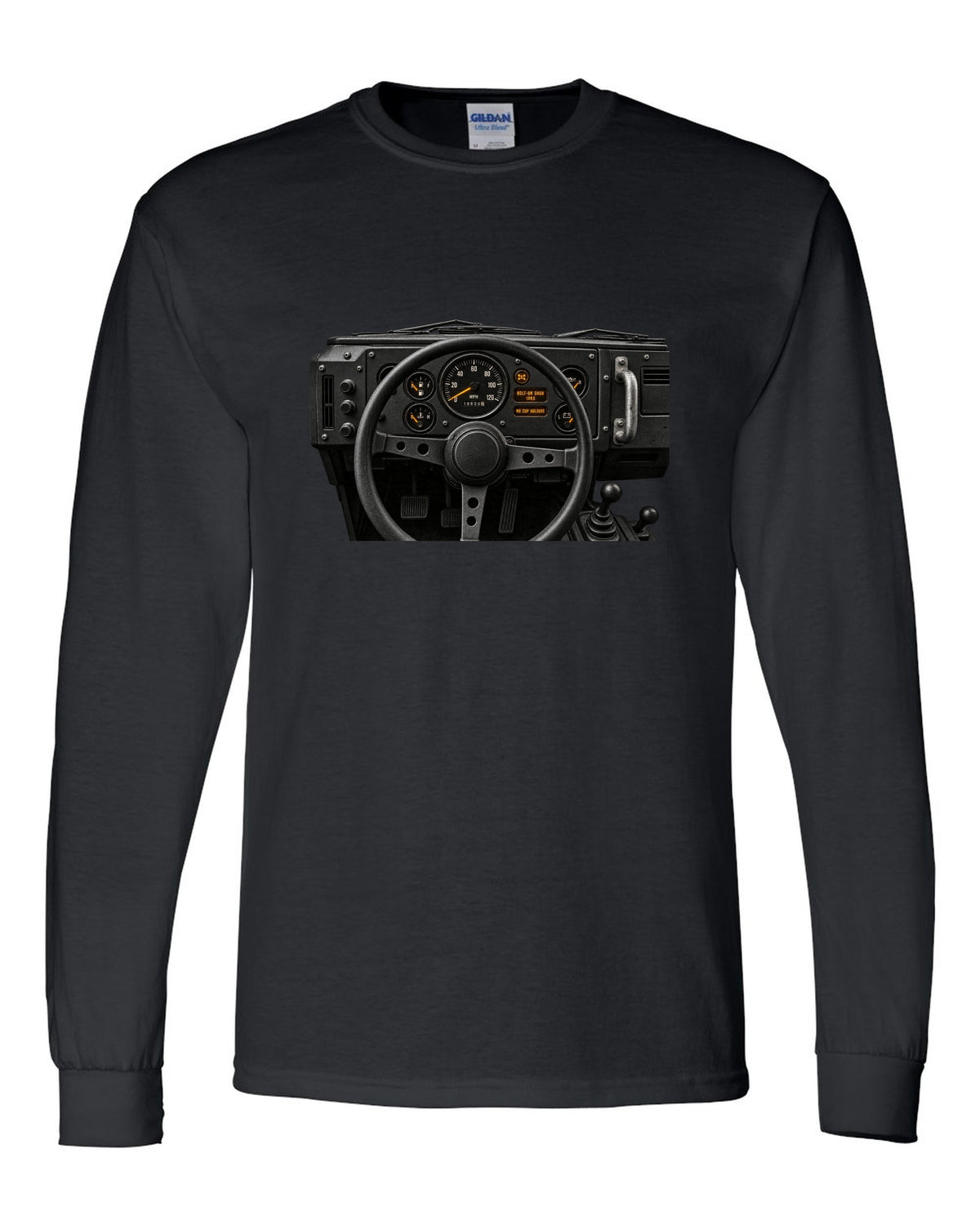 Land Rover Defender 110 cockpit gauge print with bolt-on dash text black long sleeve front view with the design