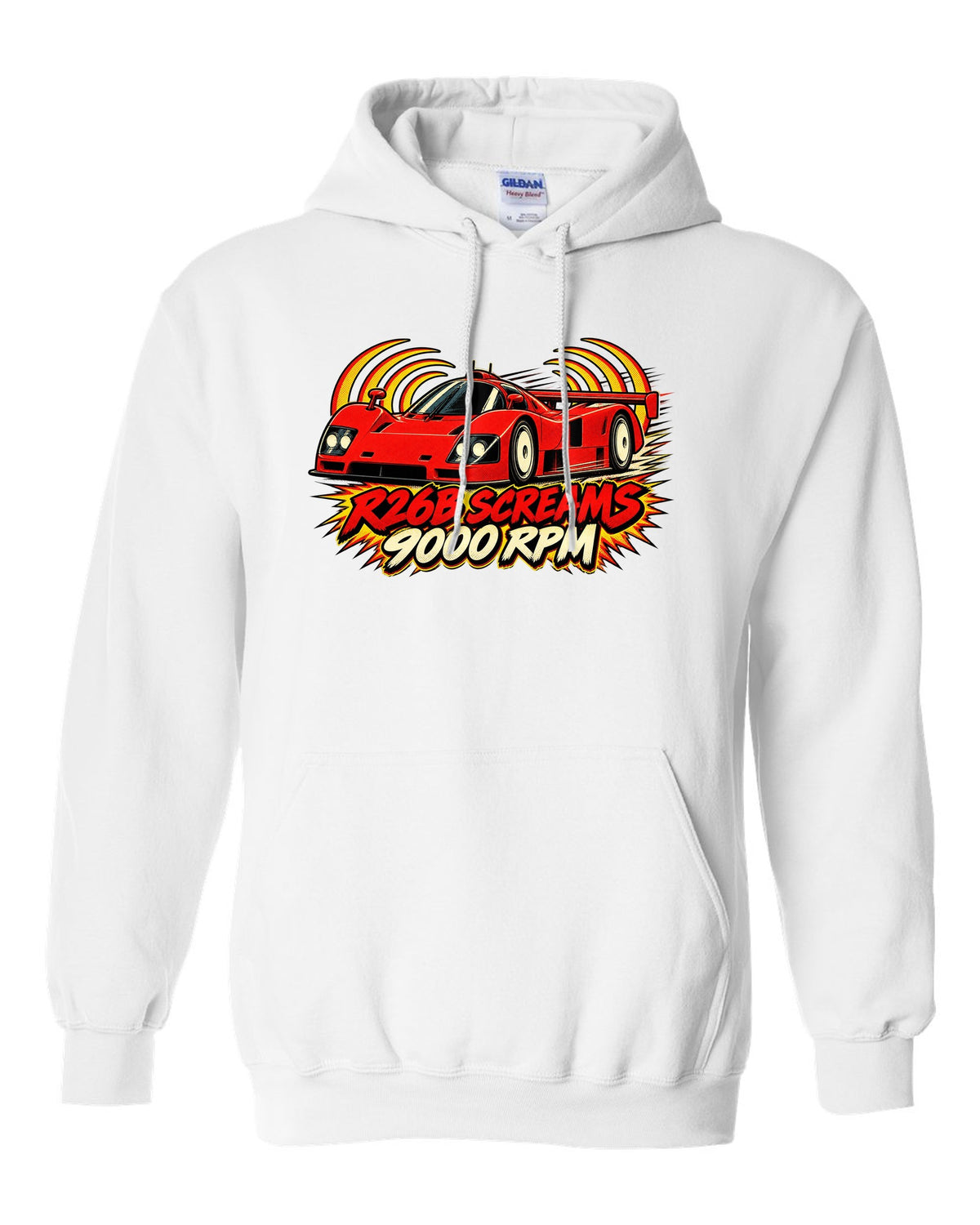 Embroidery-style varsity crest for the Mazda 787B with 787B / 2.6 L / 4 ROTOR lettering white pull over hoodie front view with the design