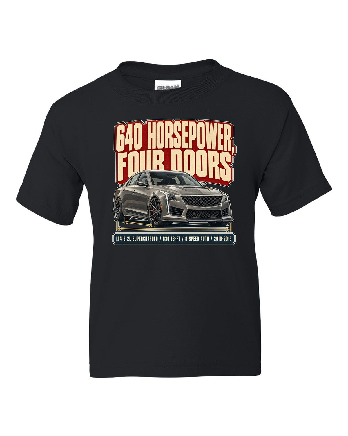 Editorial headline print for a 2016-19 third generation Cadillac CTS-V black kids tee front view with the design