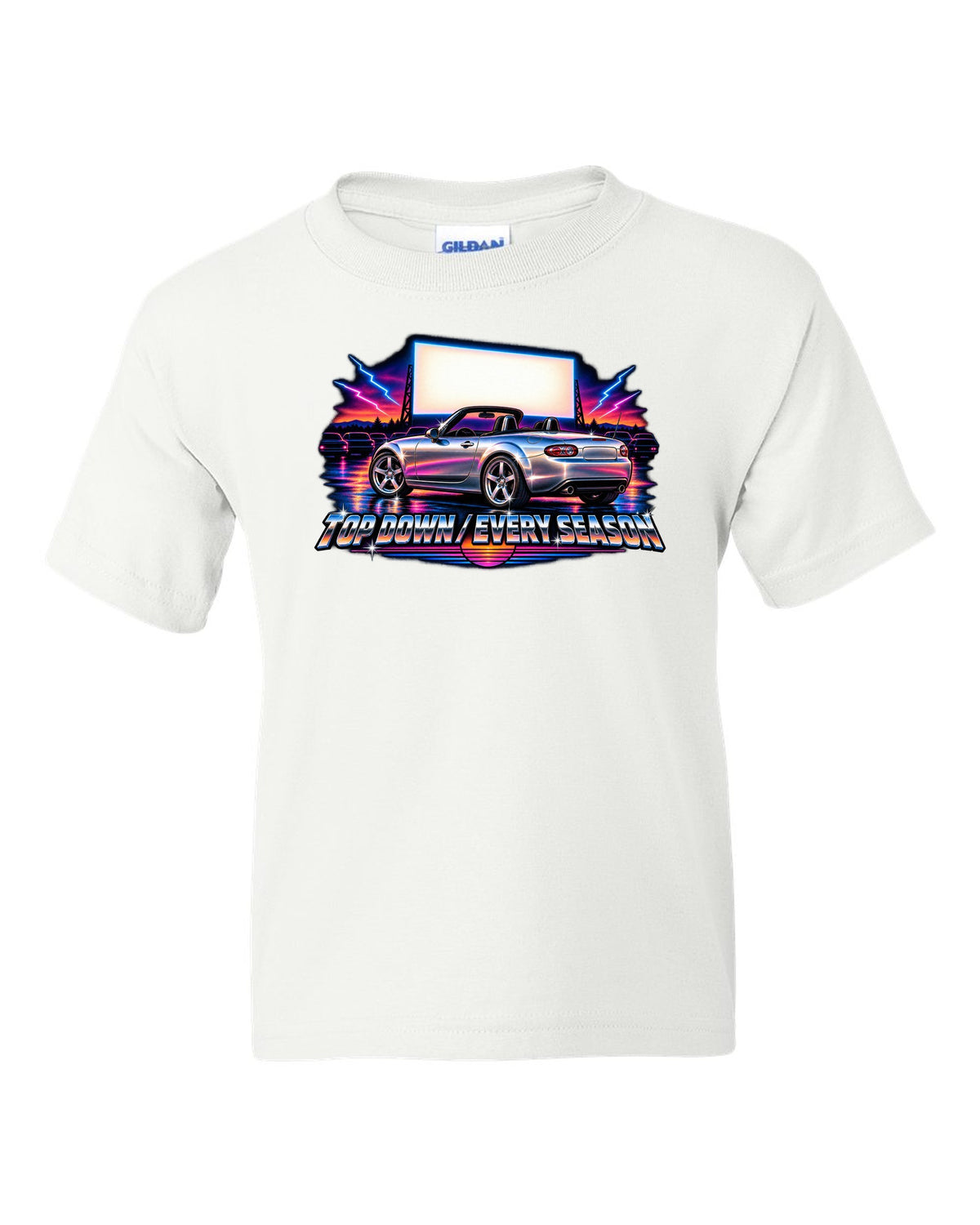 Eighties airbrush chrome print of a Mazda MX-5 NC with the text Top Down Every Season white kids tee front view with the design