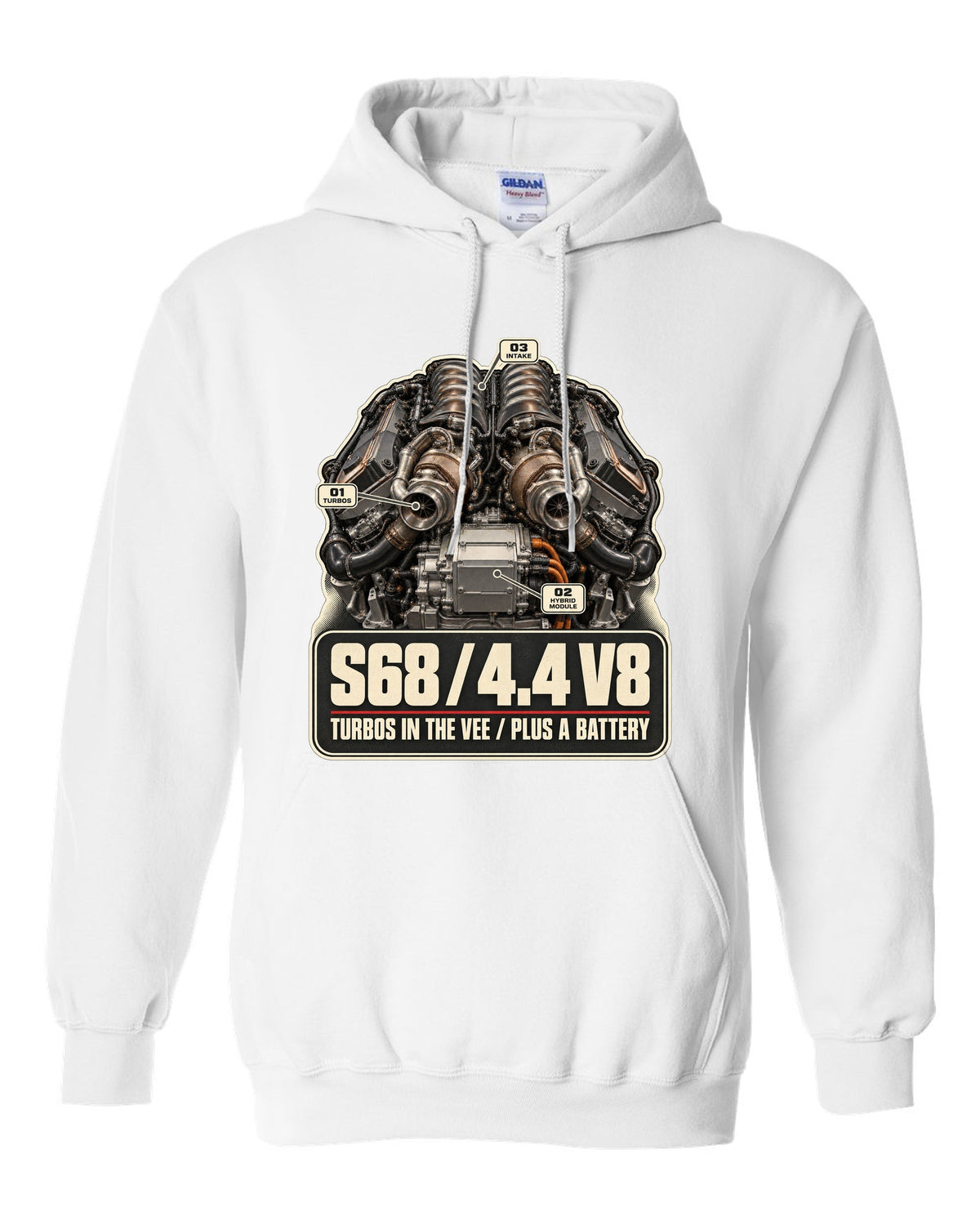 Engine hero print of the S68 4.4 V8 in the BMW XM G09 white pull over hoodie front view with the design