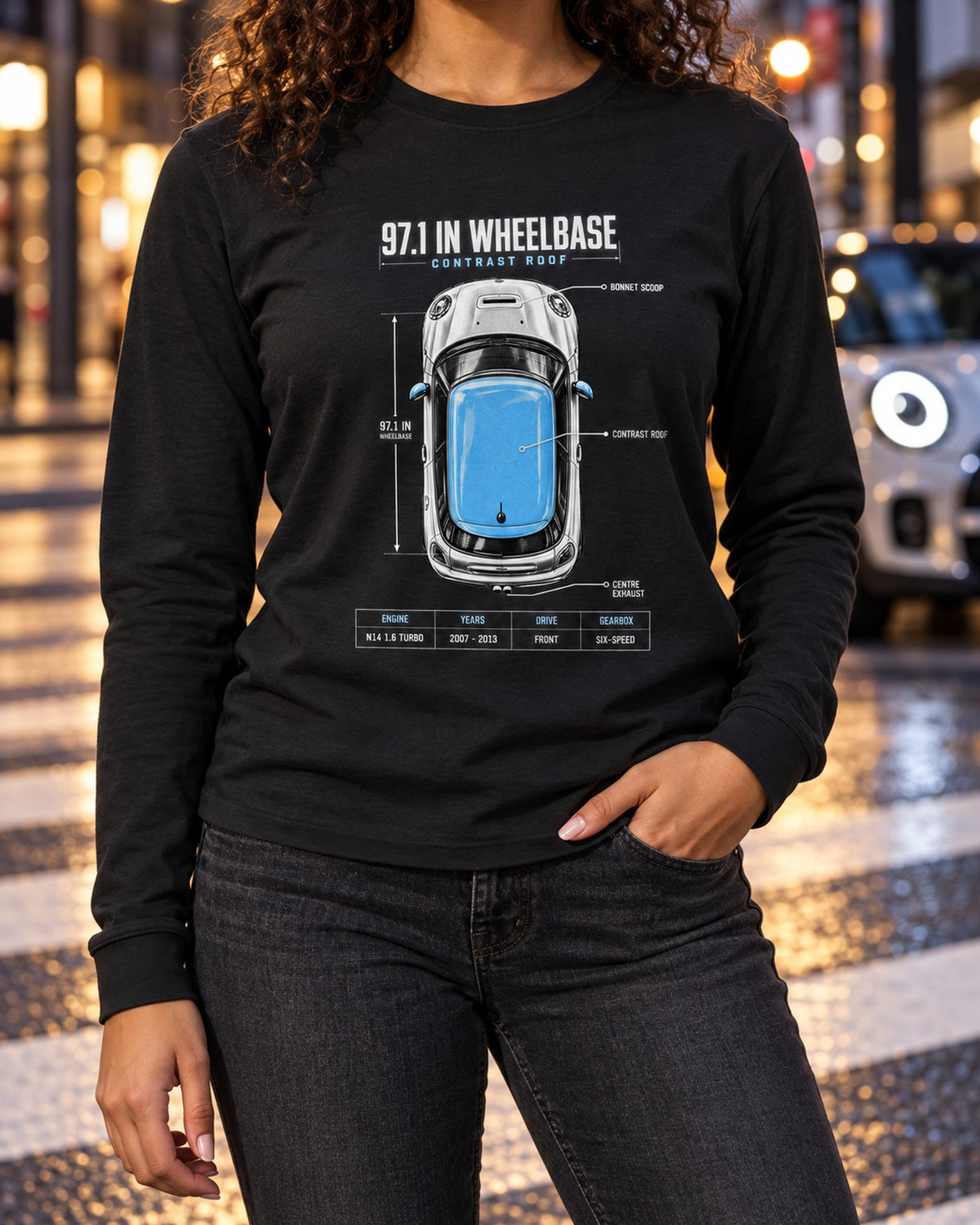 Mini Cooper S R56 Top-Down Spec Poster Tee, Contrast Roof Long Sleeve Black worn hero