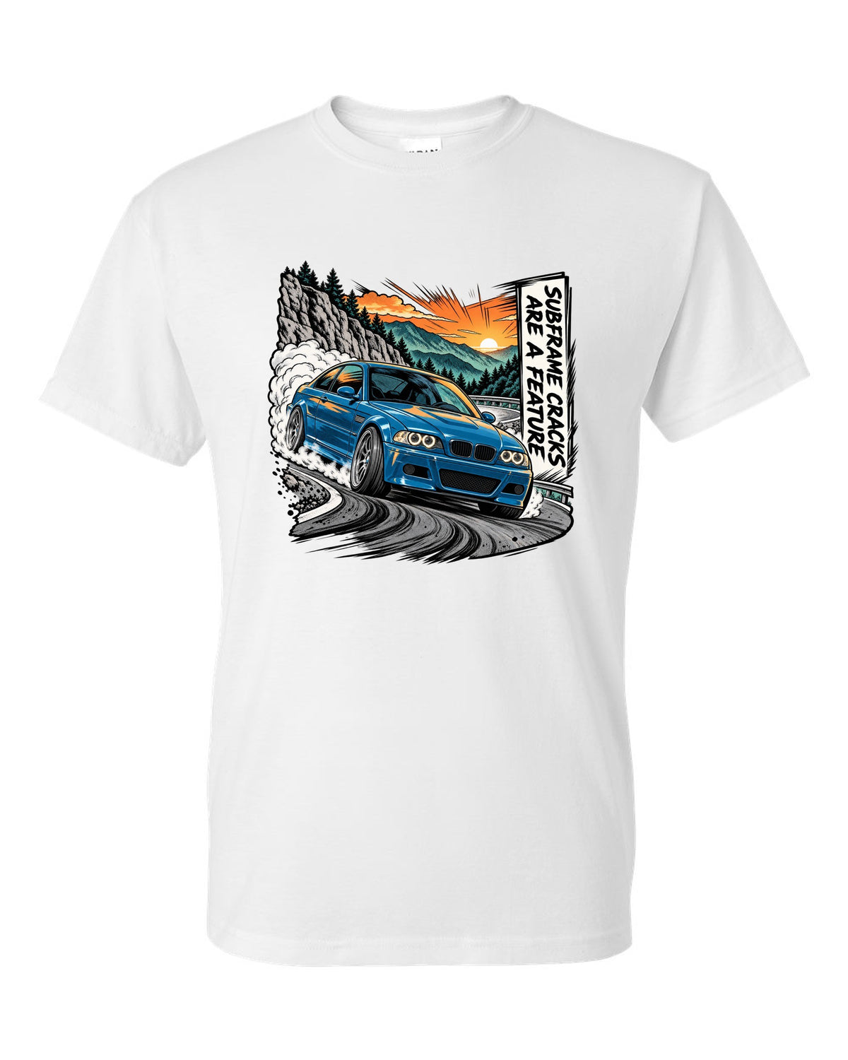 Retro manga halftone panel illustration of a BMW E46 M3 coupe on a mountain pass white t-shirt front view with the design
