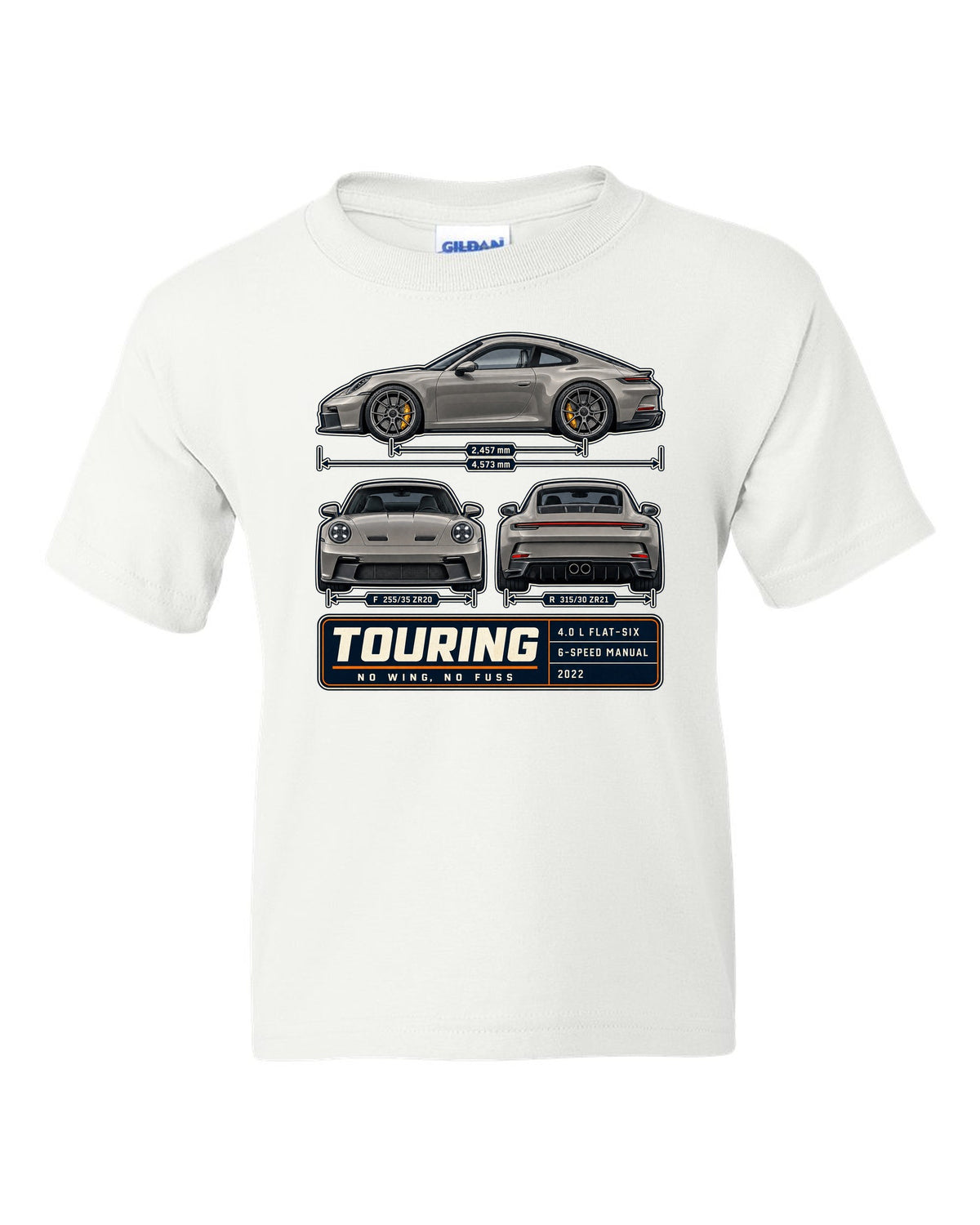 Porsche 992 GT3 Touring three-view spec table print design white kids tee front view with the design