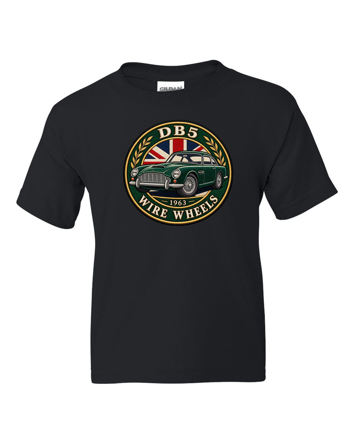 Aston Martin DB5 varsity crest with DB5 1963 WIRE WHEELS lettering black kids tee front view with the design
