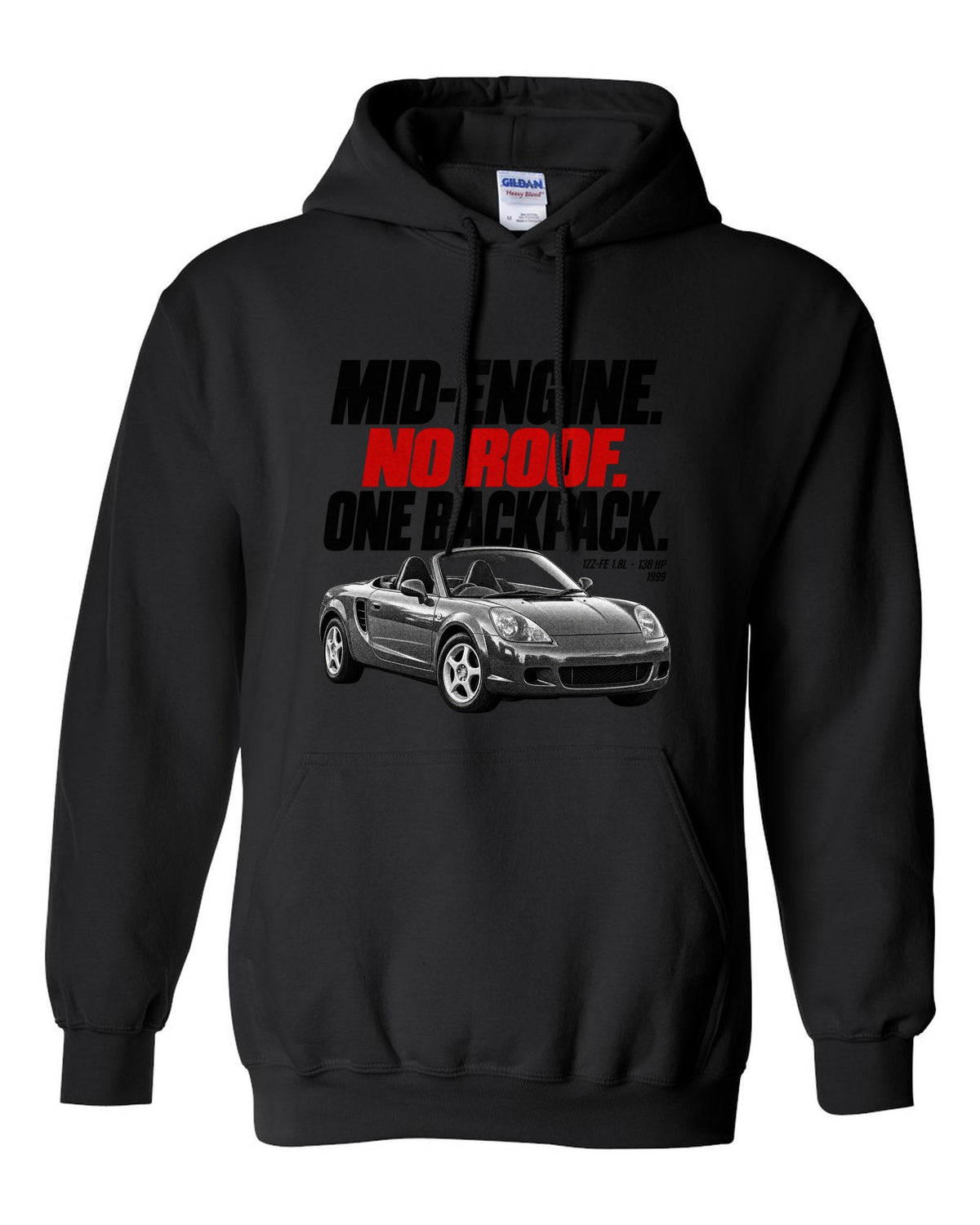 Halftone print of a Toyota MR2 Spyder W30 MR-S with the text Mid-Engine No Roof One Backpack black pull over hoodie front view with the design