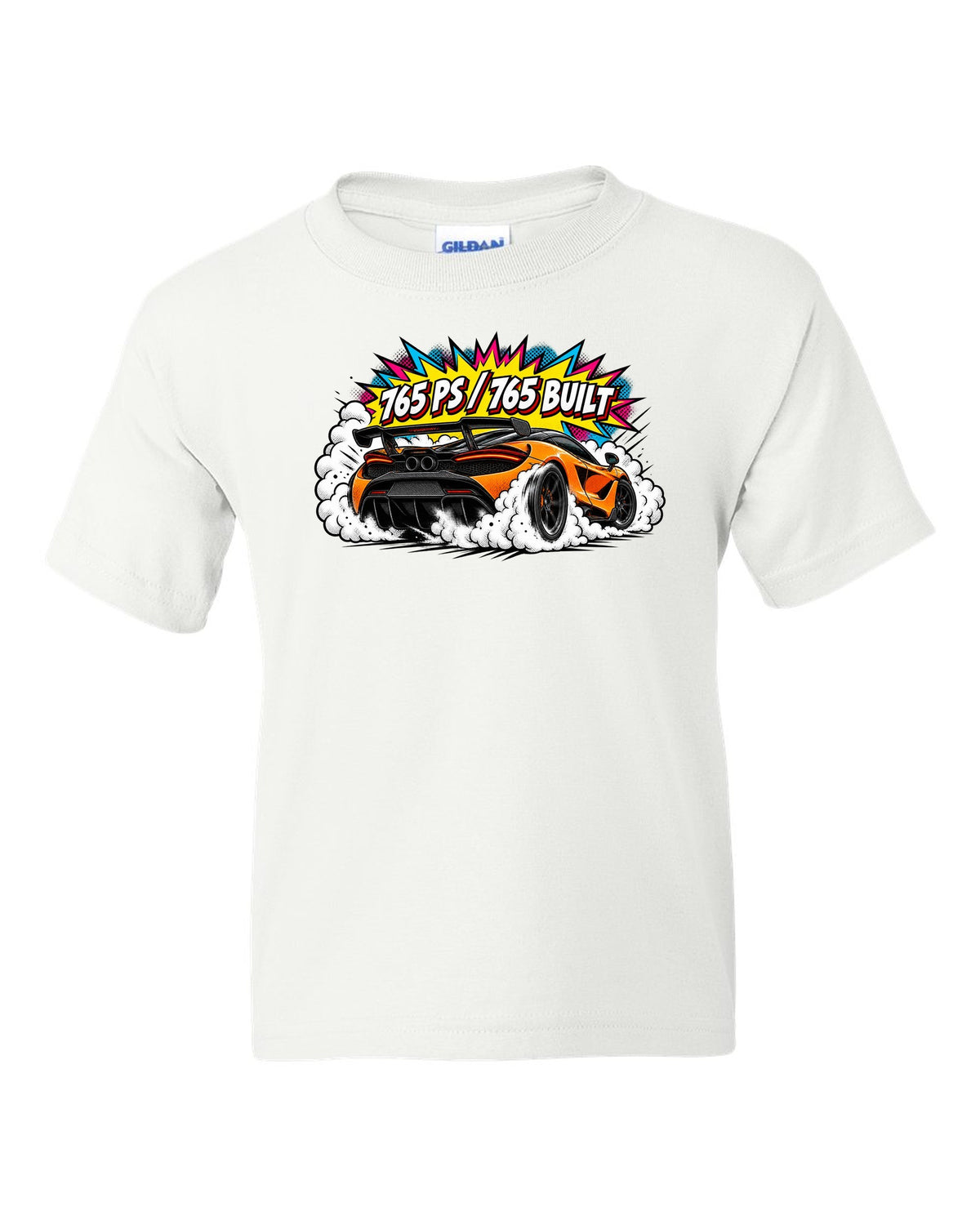 Comic halftone pop-art print of a McLaren 765LT burnout with 765 PS and 765 Built lettering white kids tee front view with the design