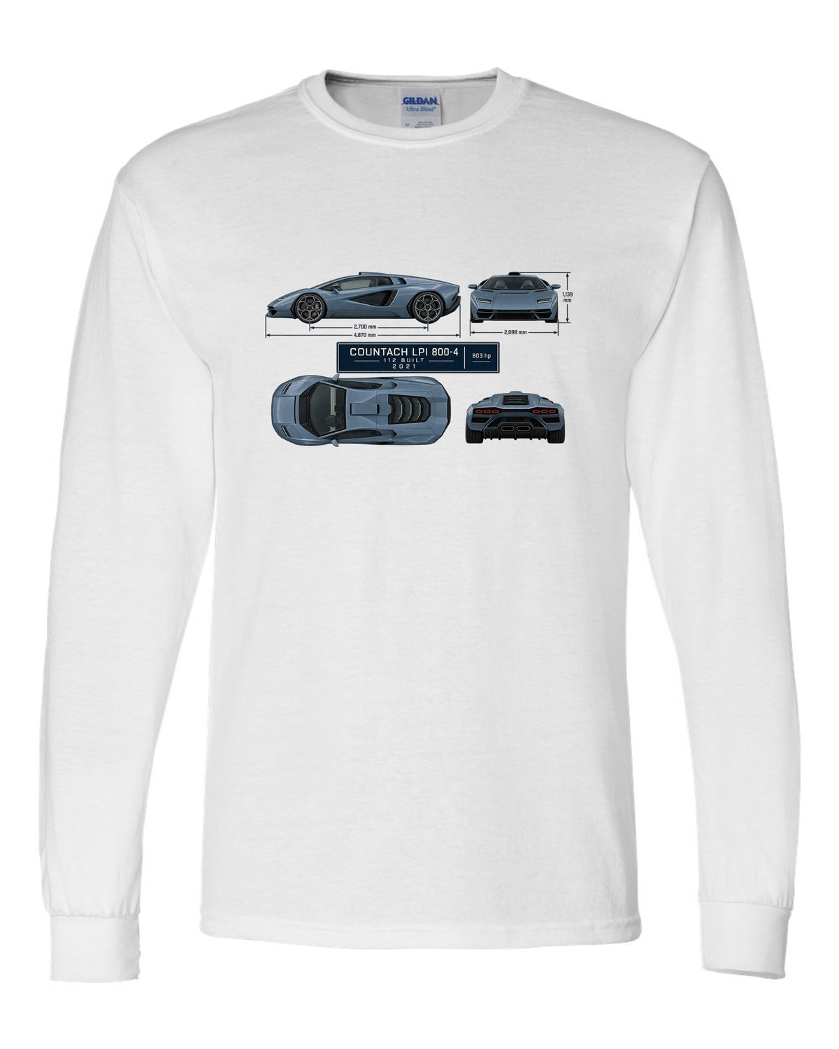 Lamborghini Countach LPI 800-4 dimension blueprint print with 112 built 2021 lettering white long sleeve front view with the design