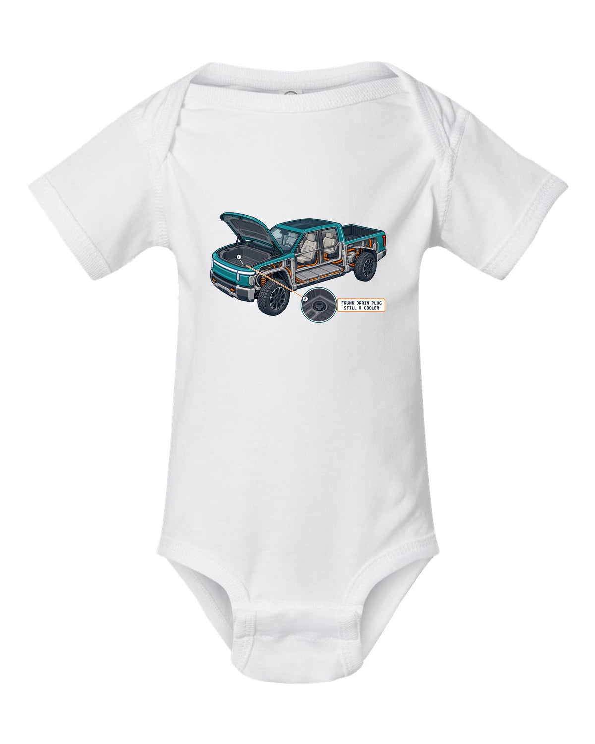 Ford F-150 Lightning isometric cutaway print showing the frunk drain plug white baby onesie front view with the design
