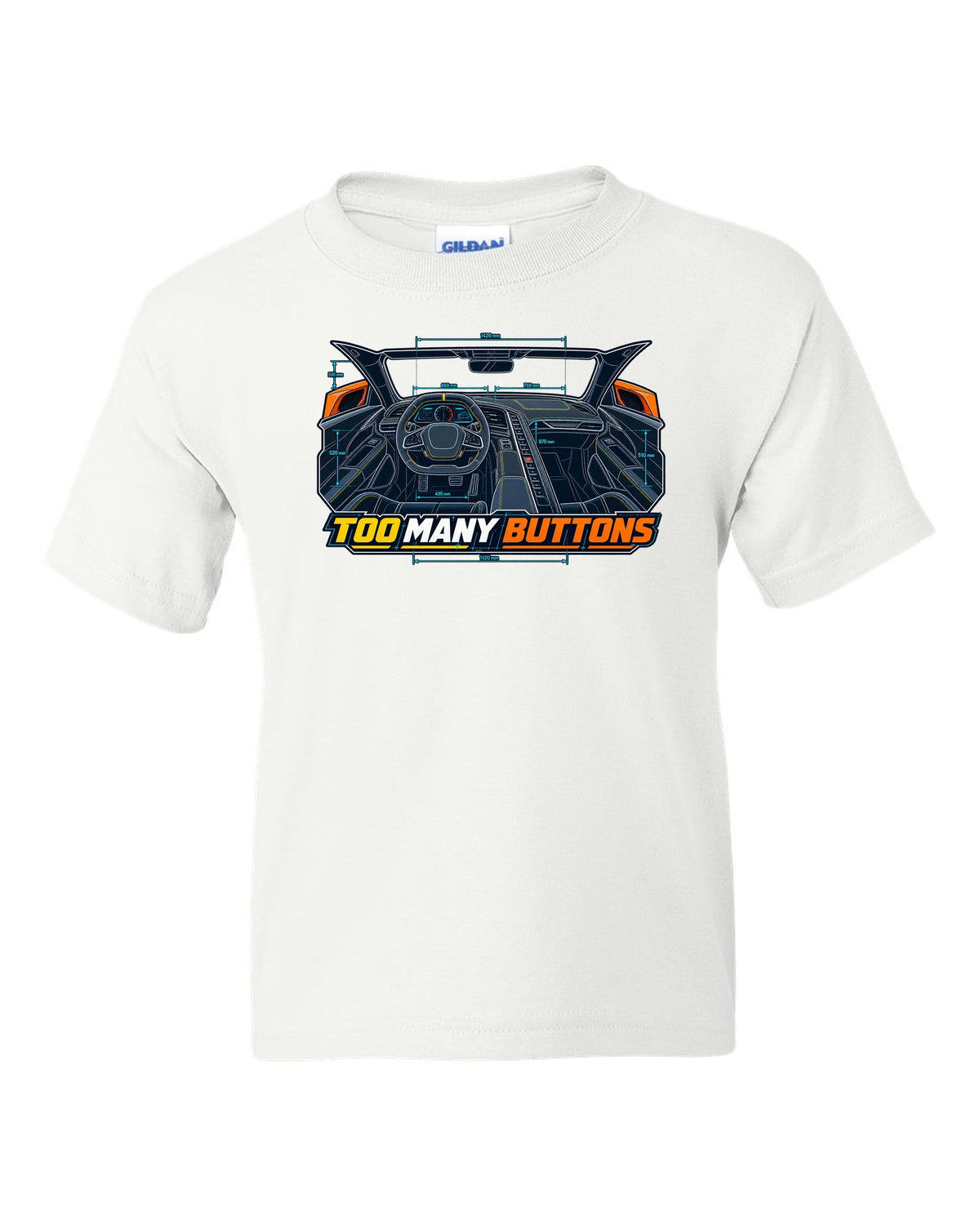 Blueprint line art print of a Chevrolet Corvette C8 Stingray cockpit with Too Many Buttons text white kids tee front view with the design