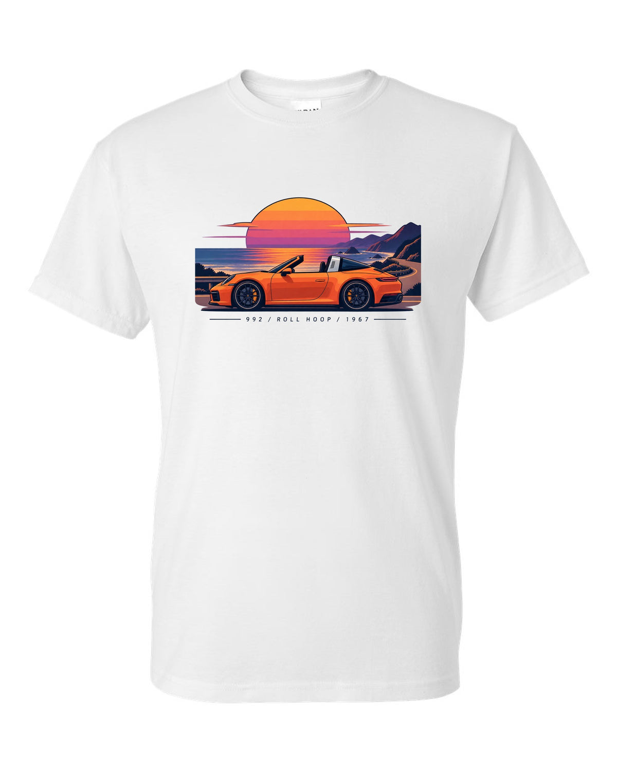 Porsche 997 GT3 RS exploded view diagram design in orange with Mezger lettering white t-shirt front view with the design