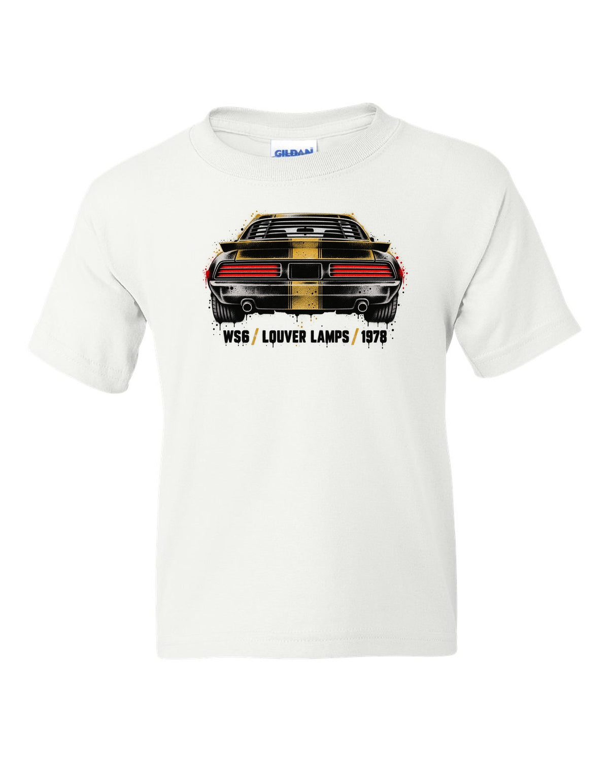 1978 Pontiac Firebird Formula rear taillights cutout in stencil style white kids tee front view with the design