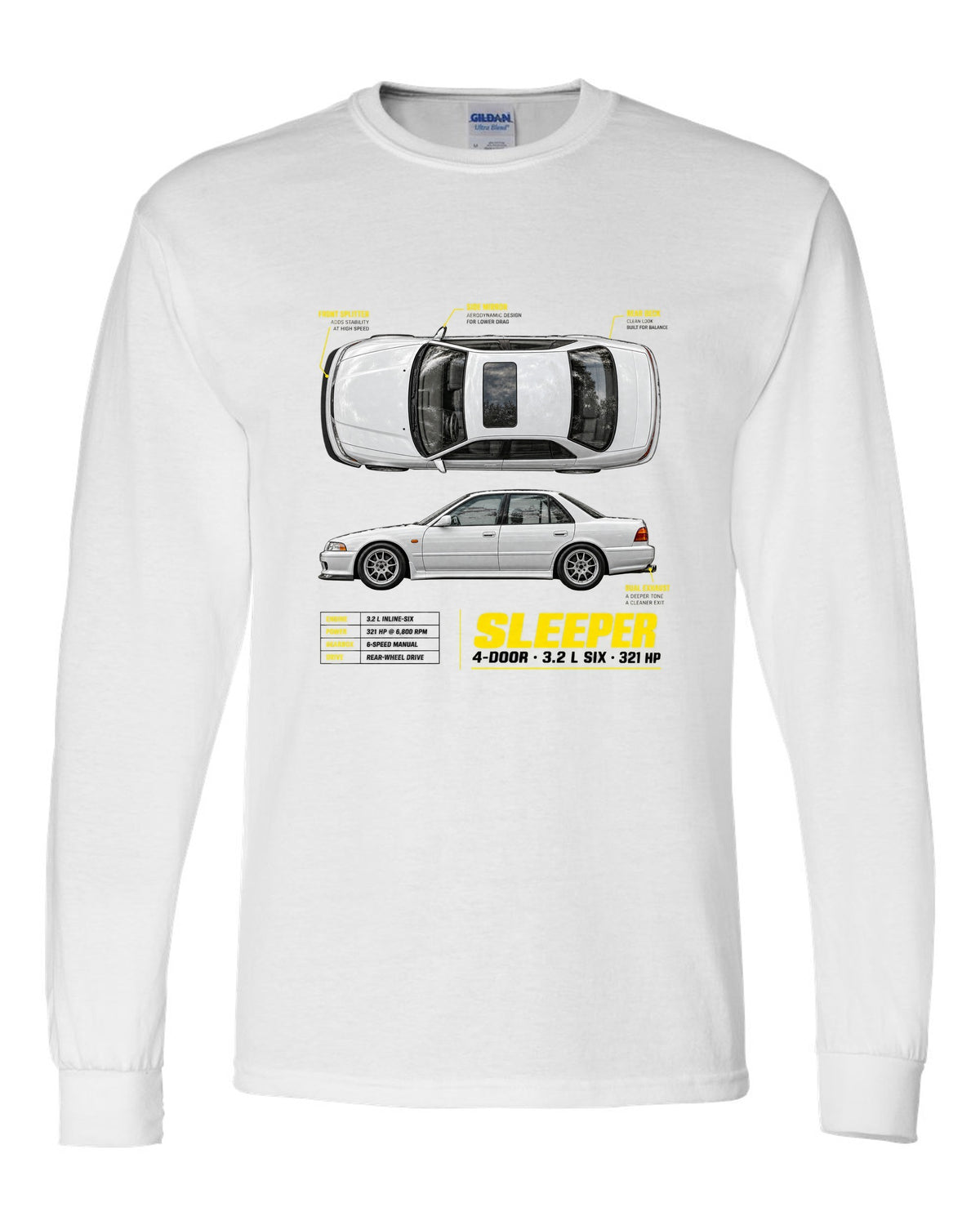 BMW E36 M3 sedan spec poster print with sleeper 4-door 3.2 L six and 321 HP text white long sleeve front view with the design
