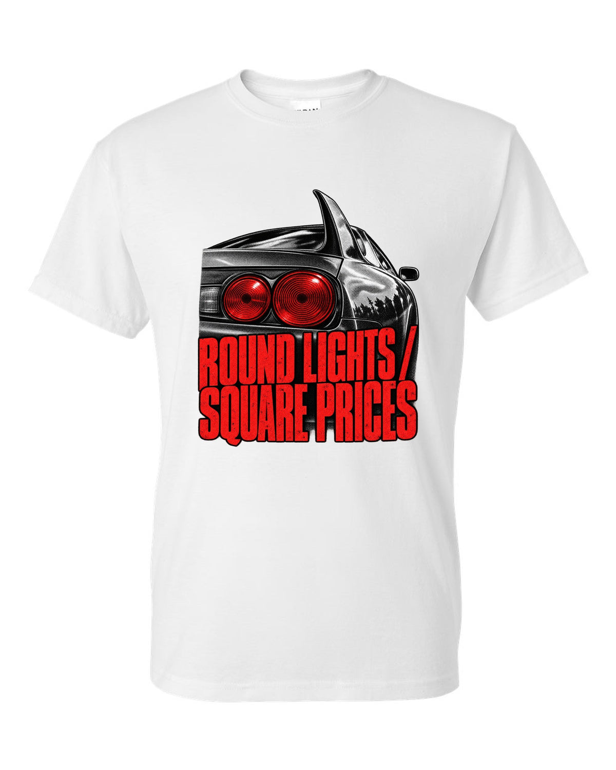 print of a Toyota Supra A80 JZA80 round taillight close-up with the text Round Lights Square Prices white t-shirt front view with the design