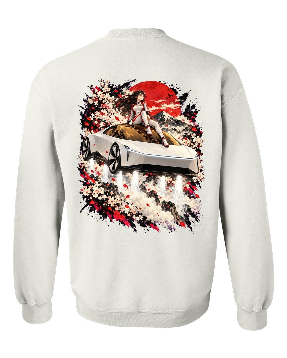 Tesla Roadster Rooftop Anime Girl Crewneck White back