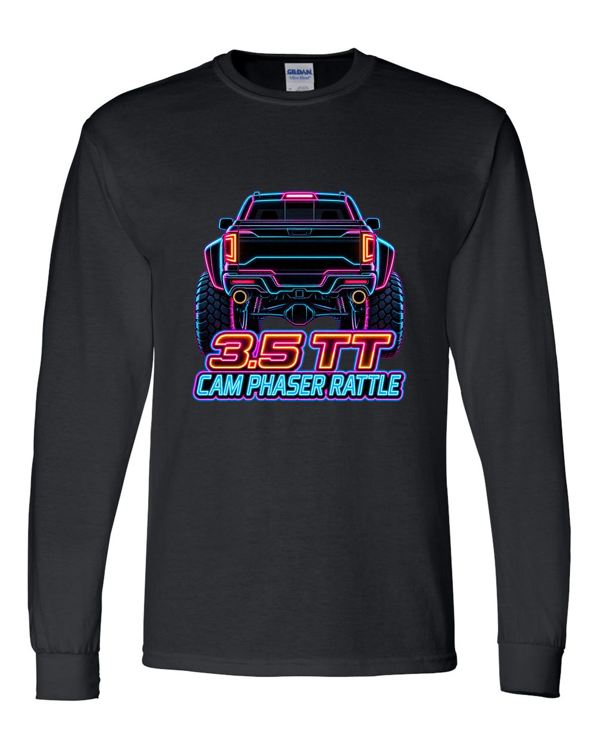 Neon outline print of a 2017-2020 Ford F-150 Raptor Gen 2 P552 taillights on black black long sleeve front view with the design