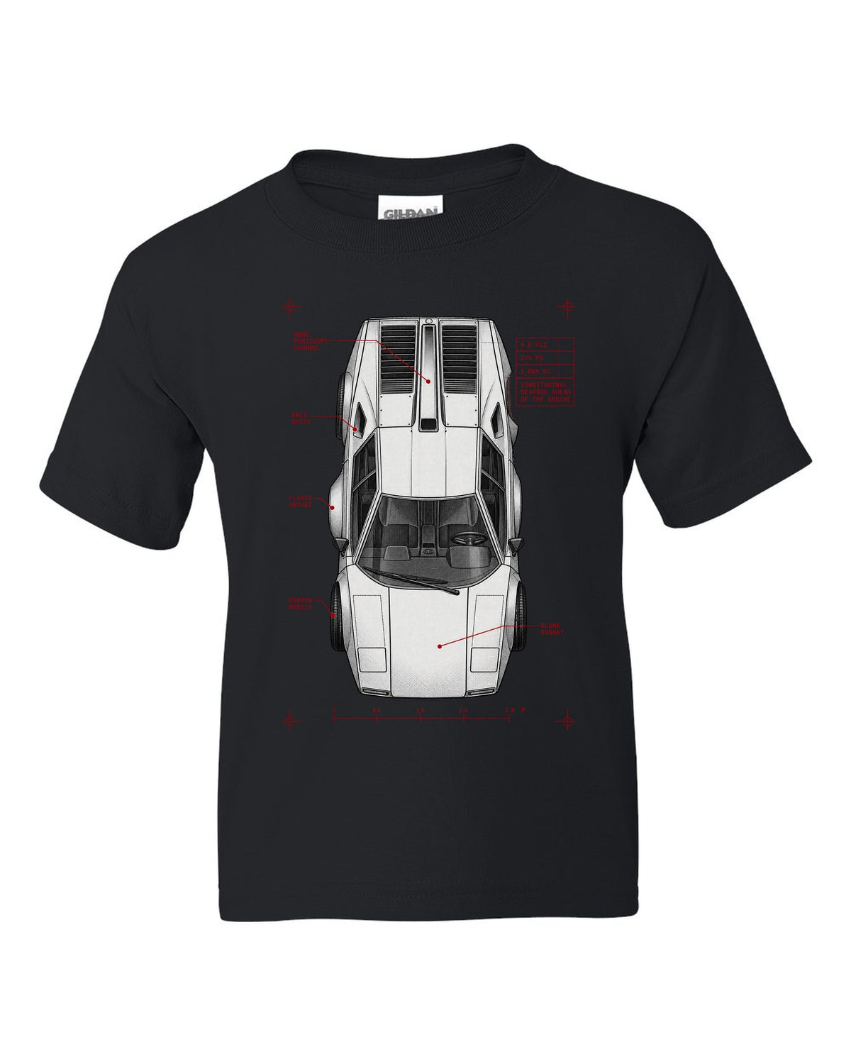 Spec poster print of a Lamborghini Countach LP400 with 4.0 V12 375 PS and 1,065 kg text black kids tee front view with the design