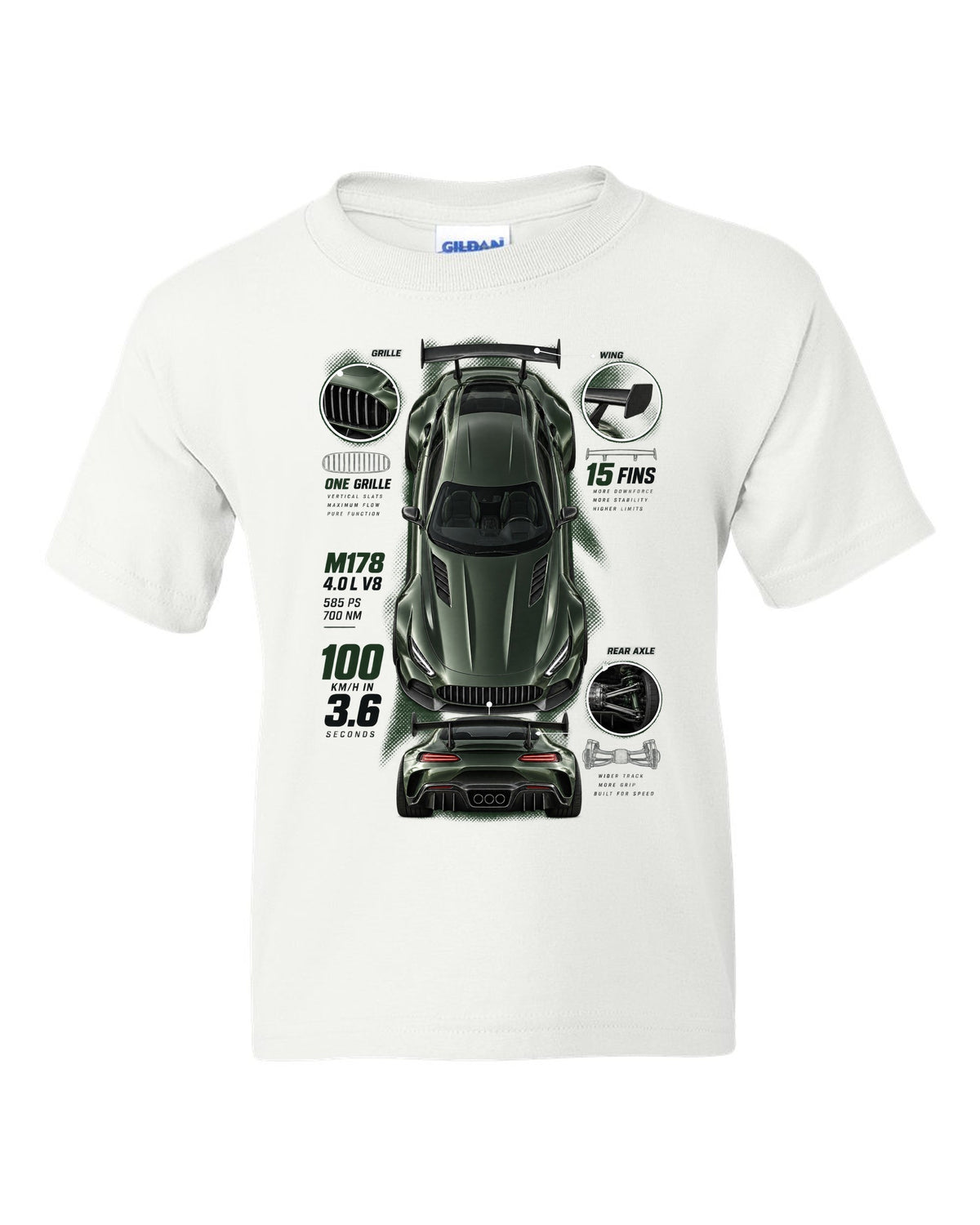 Spec poster print of a Mercedes-AMG GT R C190 with 100 km/h in 3.6 and 15 fins lettering white kids tee front view with the design