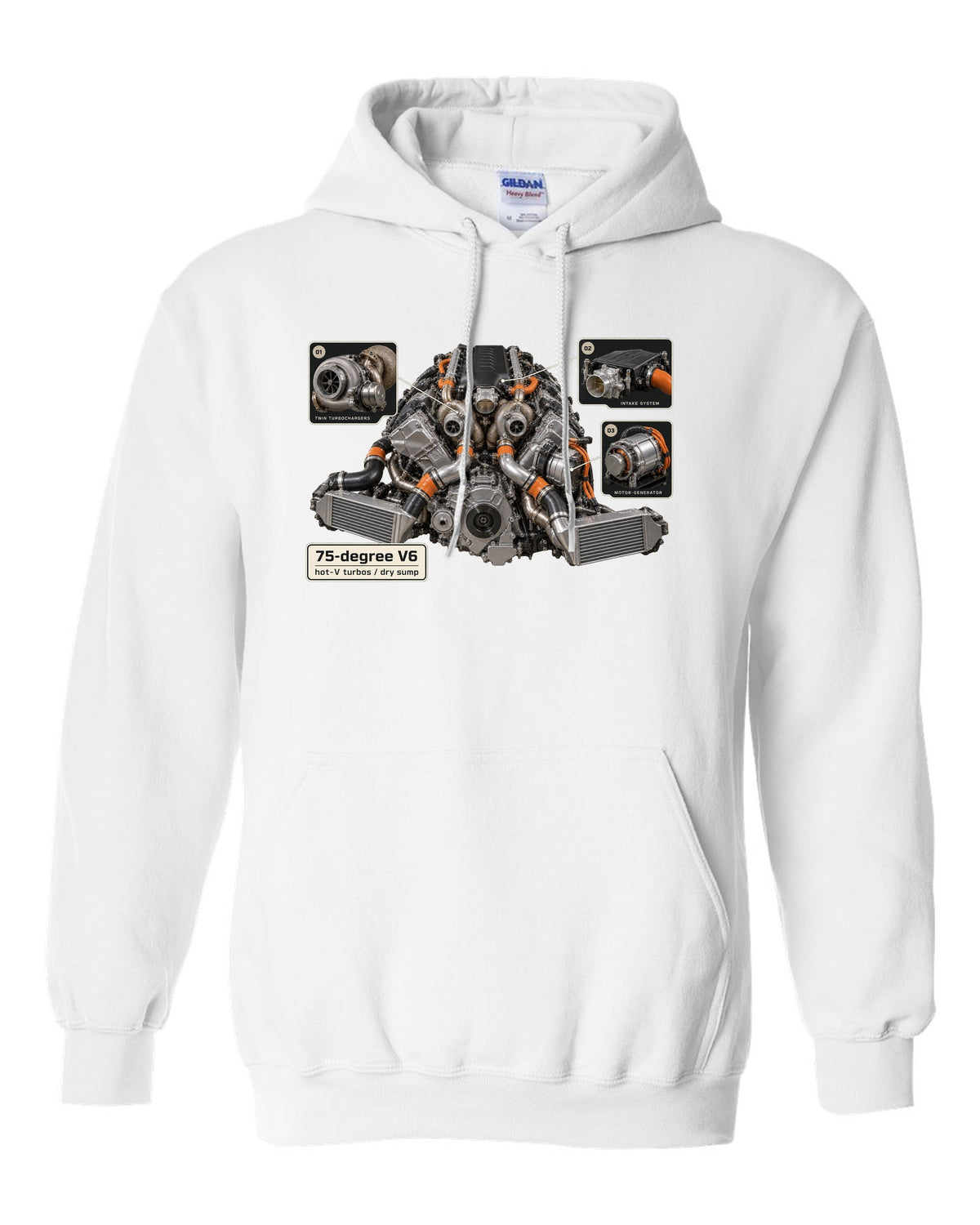 Engine bay print of an Acura NSX NC1 3.5L twin-turbo V6 white pull over hoodie front view with the design