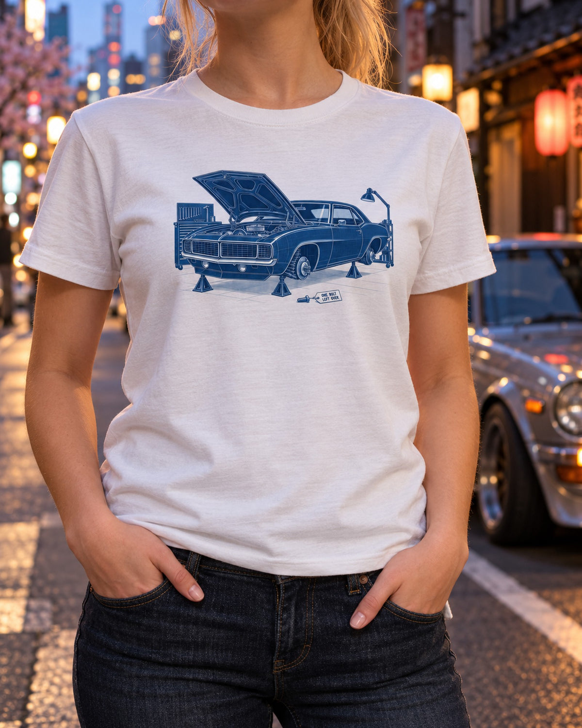 1969 Camaro Cyanotype Shirt, One Bolt Left Over Garage Tee T-Shirt White worn hero