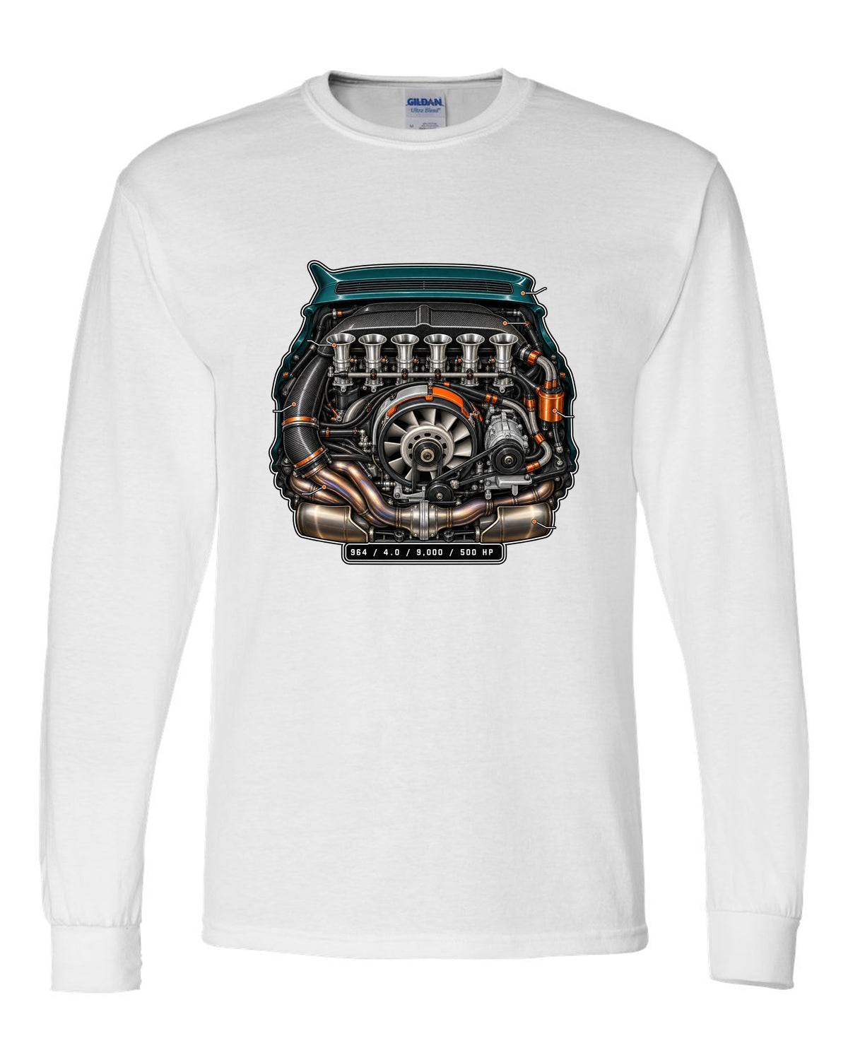 Porsche 911 SC 3.0 embroidery-style crest design reading head stud roulette white long sleeve front view with the design