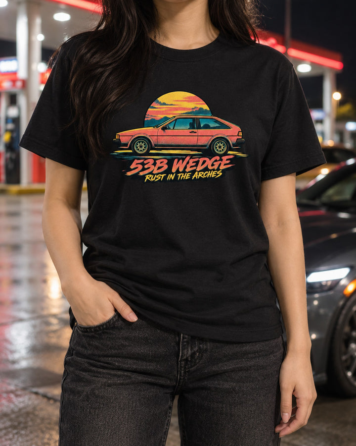 VW Scirocco Mk2 53B Risograph Sunset Shirt, Rust in the Arches T-Shirt Black worn hero