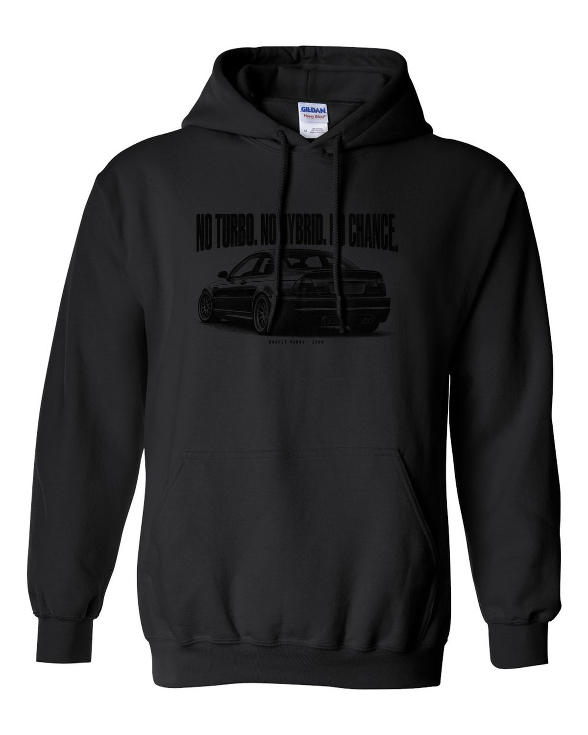 BMW E46 M3 coupe halftone print with no turbo no hybrid no chance and Double VANOS text black pull over hoodie front view with the design