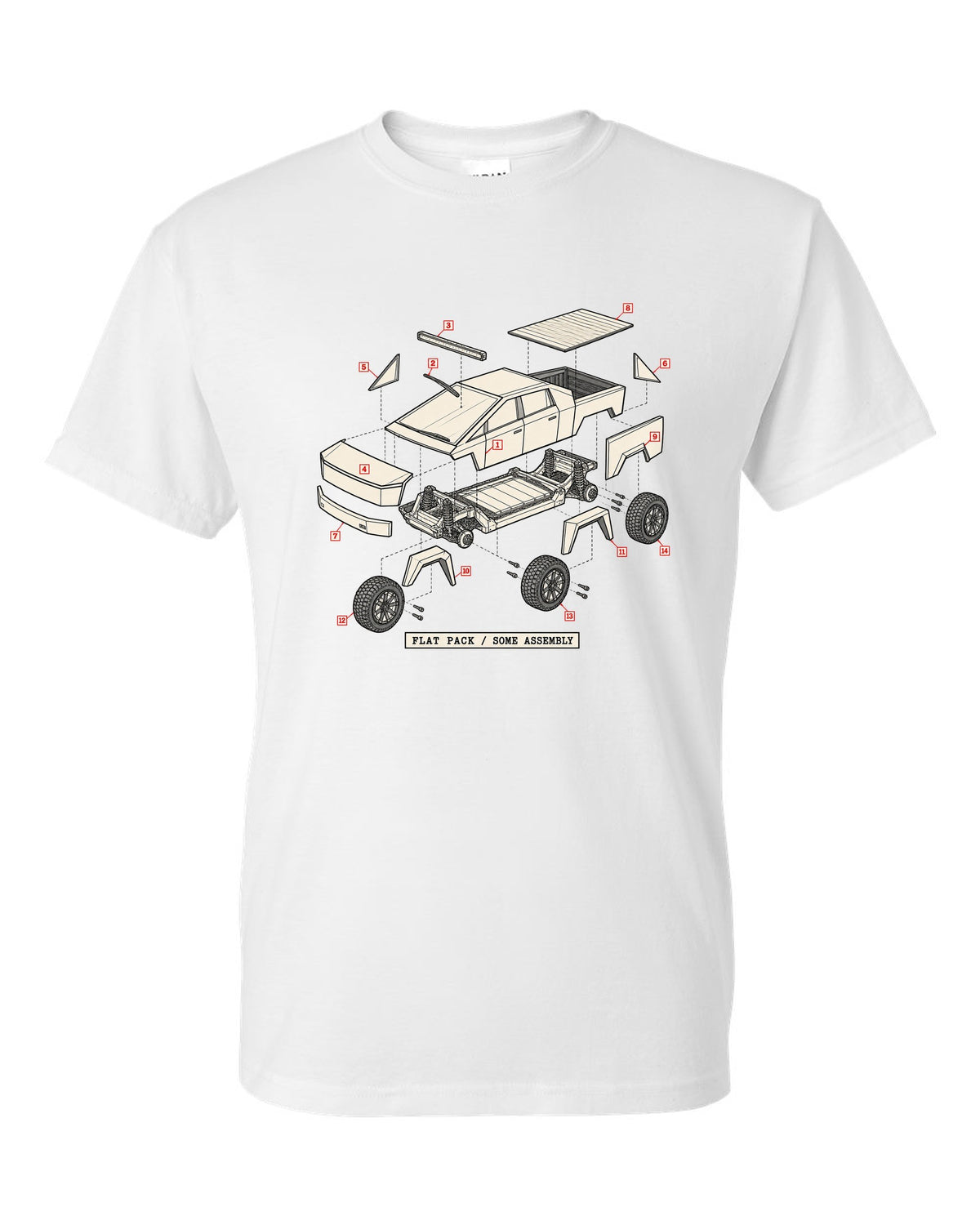 Isometric exploded-view patent drawing of a 2023 Tesla Cybertruck with the words Flat Pack Some Assembly white t-shirt front view with the design