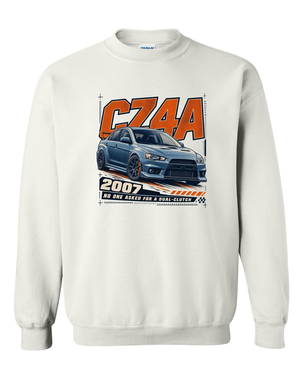 Mitsubishi Lancer Evolution X CZ4A front three-quarter halftone print white crewneck front view with the design