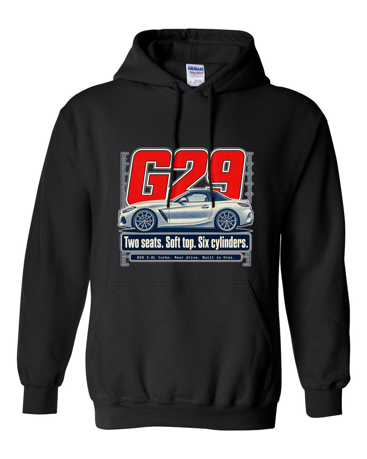 Halftone print of the BMW Z4 G29 roadster with two seats and six cylinders text black pull over hoodie front view with the design