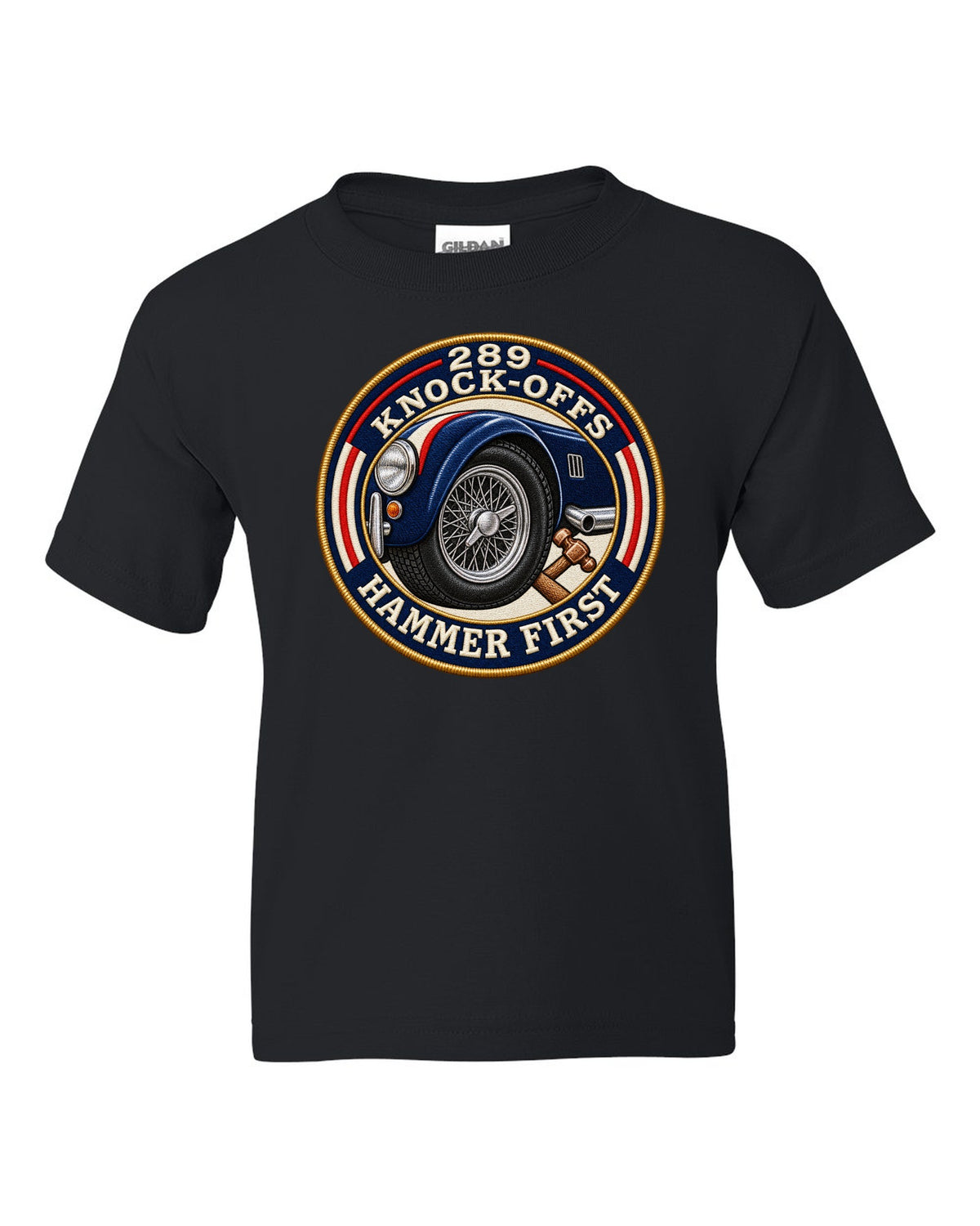 Embroidered-patch style crest print for a Shelby Cobra 289 with Knock-Offs lettering black kids tee front view with the design