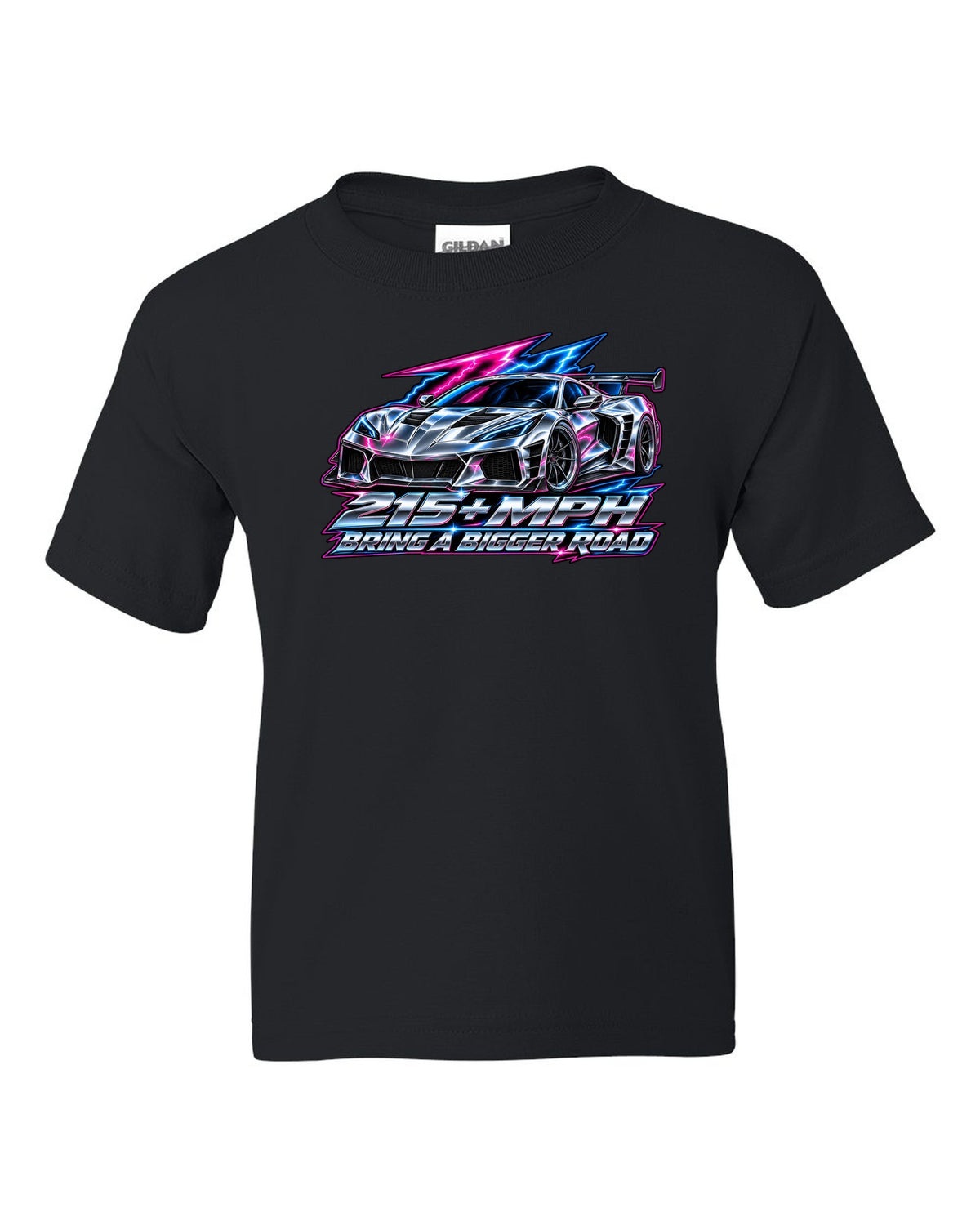 Gauge-cluster HUD design with a 2025 C8 Corvette ZR1 and 215 plus mph lettering black kids tee front view with the design