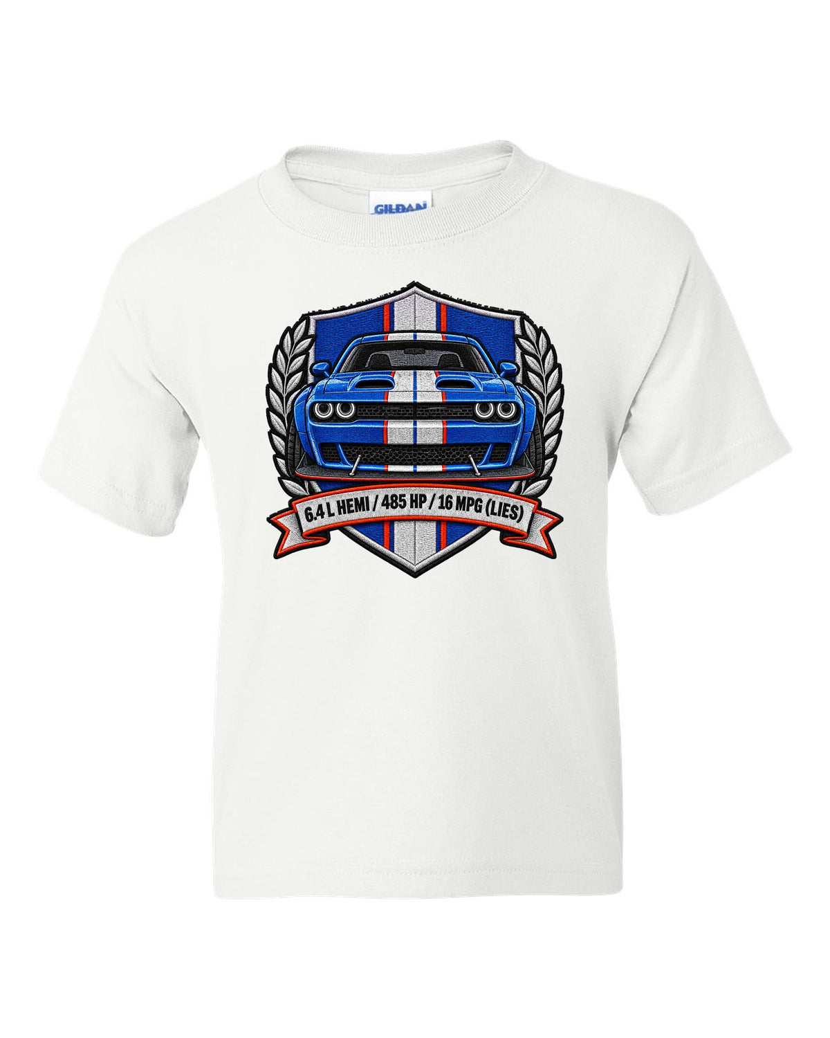 Embroidered shield patch design for a 2015 Dodge Challenger Scat Pack 392 Widebody with 6.4 L HEMI specs white kids tee front view with the design