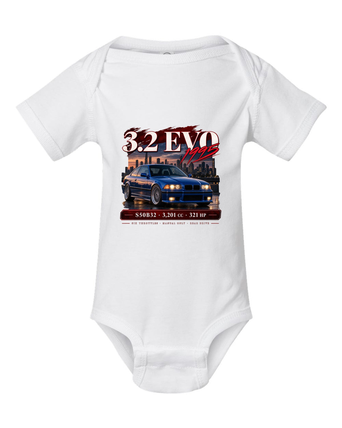 BMW E36 M3 3.2 Evo coupe archive panel print with S50B32 and 321 HP text white baby onesie front view with the design