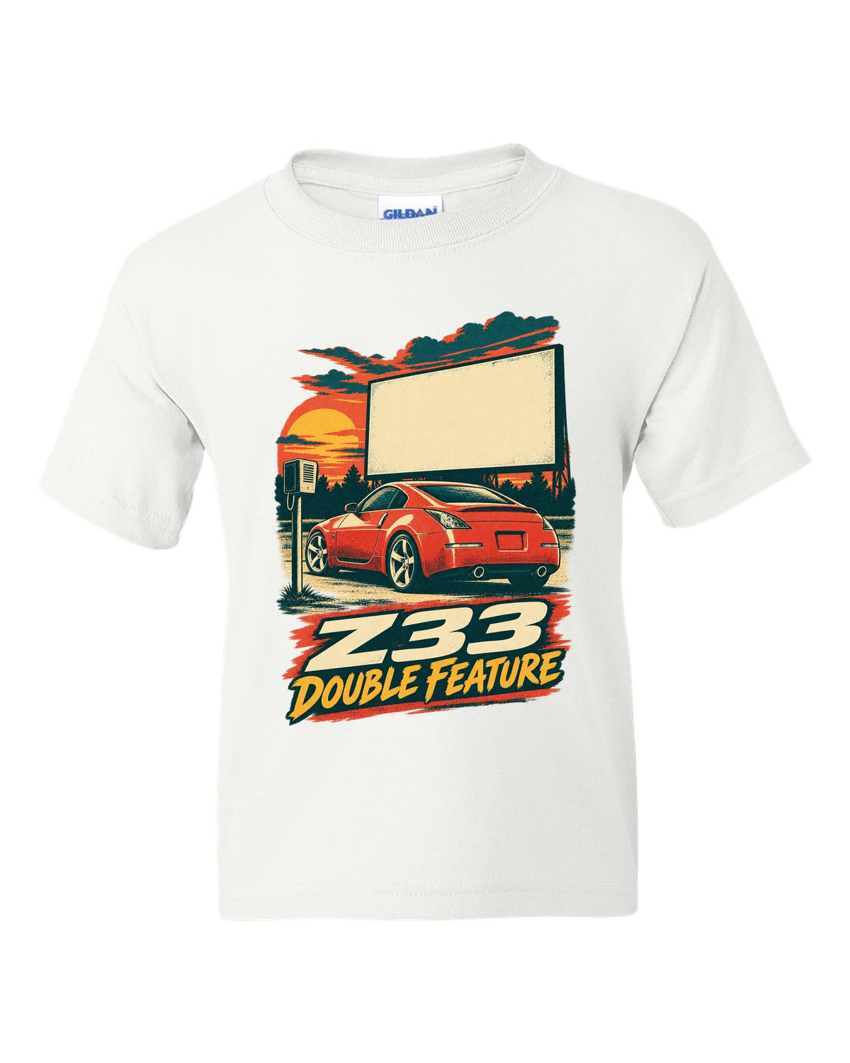 Vintage lithograph race poster print of a Nissan 350Z Z33 at a drive-in white kids tee front view with the design