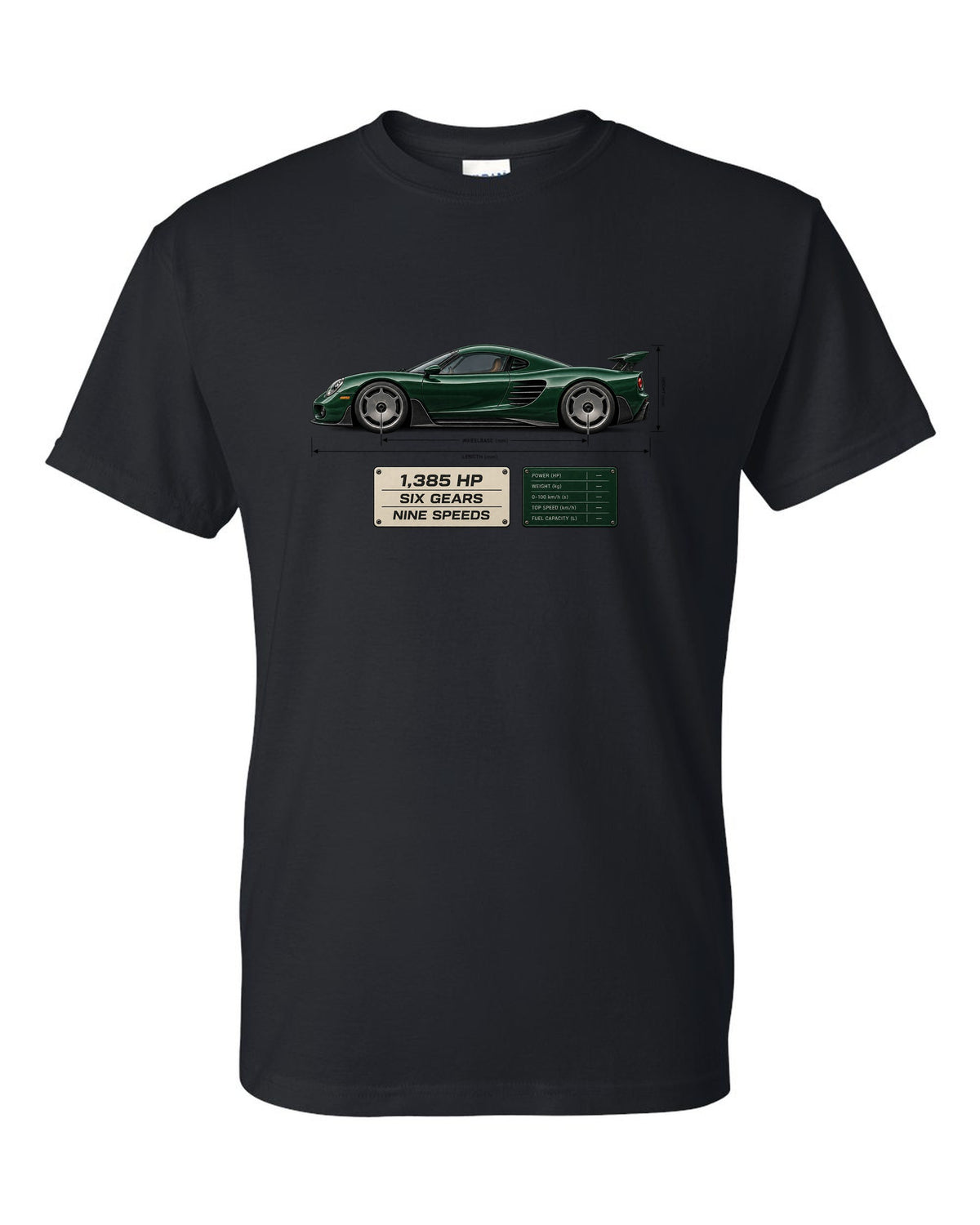 Blueprint print of the Koenigsegg CC850 with the text 1,385 hp, six gears, nine speeds black t-shirt front view with the design