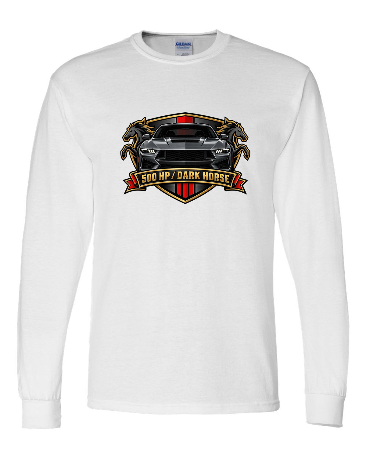 Varsity embroidery-style crest of a 2024 S650 Mustang Dark Horse reading 500 HP white long sleeve front view with the design