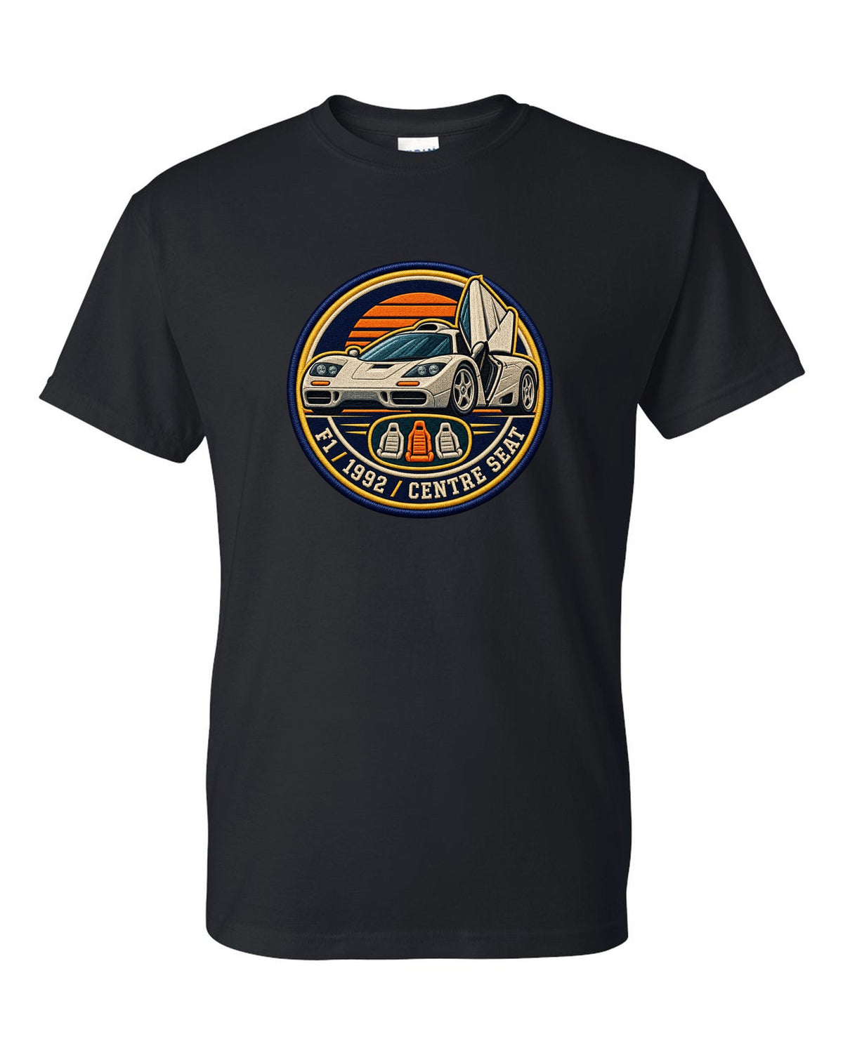 Embroidery varsity crest print for the McLaren F1 with F1, 1992 and Centre Seat lettering black t-shirt front view with the design