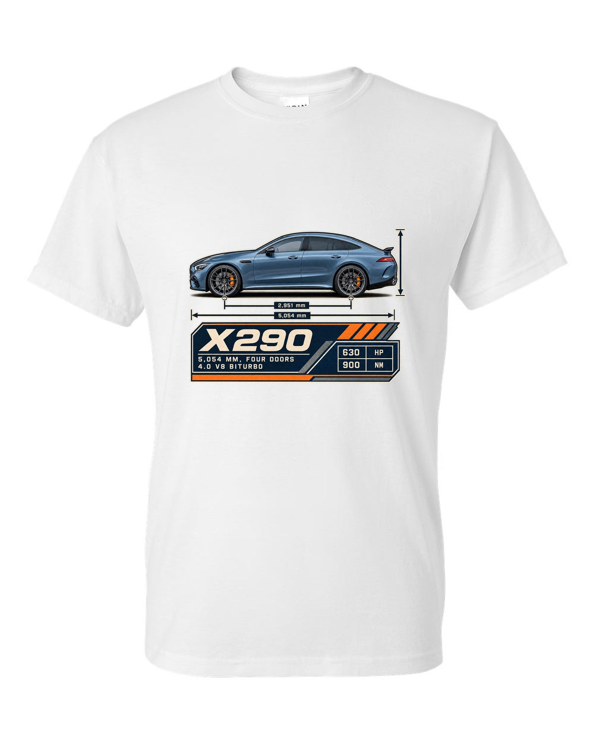 Mercedes-AMG GT 63 S 4-Door X290 steel blue blueprint print white t-shirt front view with the design