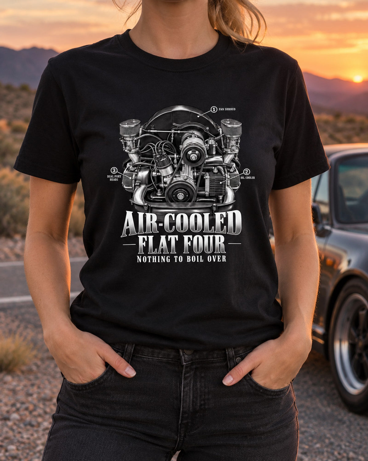 VW Beetle Air-Cooled 1600 Dual-Port Flat-Four Callout Shirt T-Shirt Black worn hero