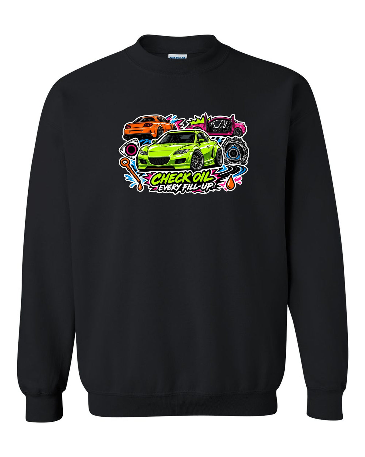 Retro synthwave sunset grid design for the Mazda RX-8 Renesis with 15 MPG ON A GOOD DAY lettering black crewneck front view with the design