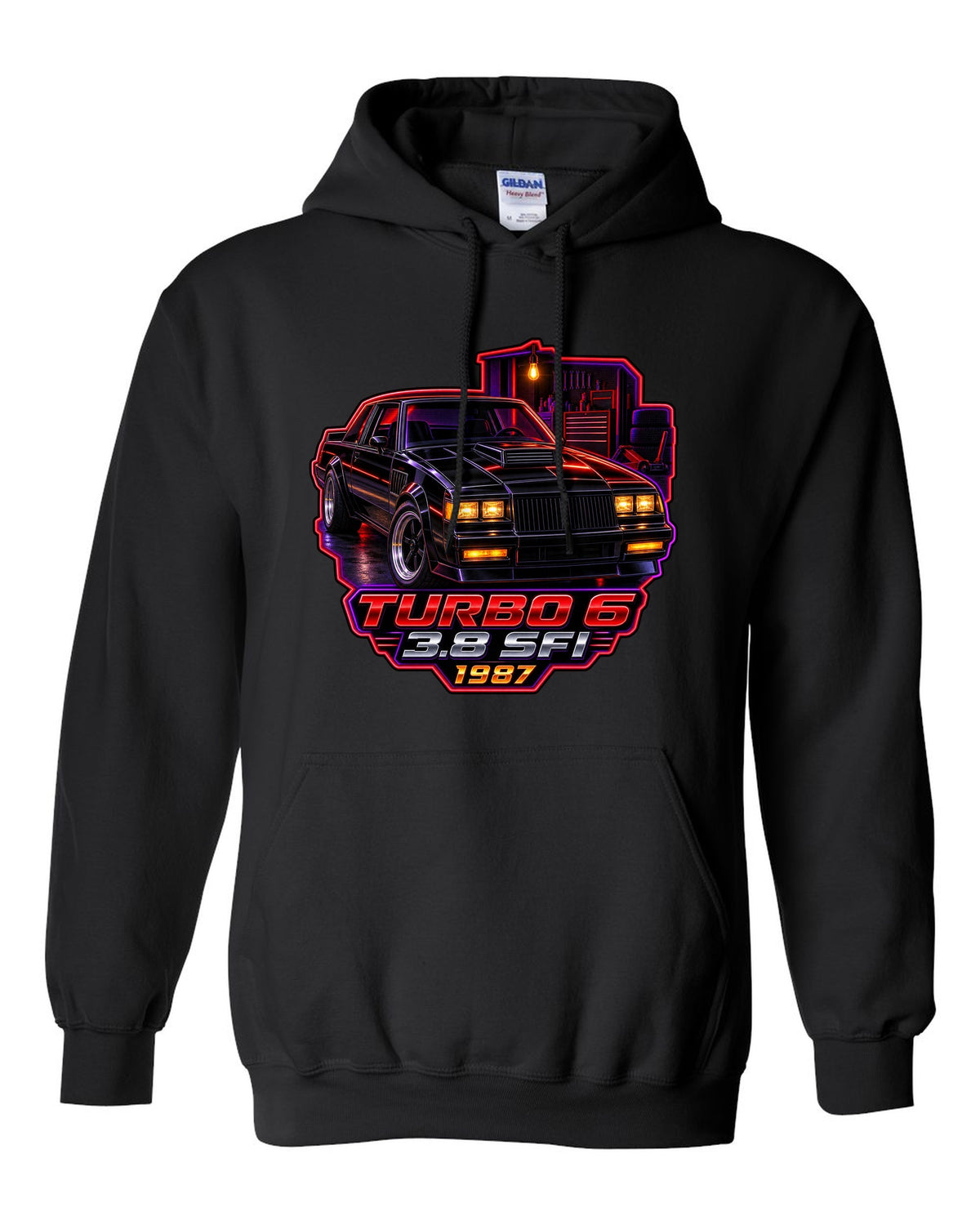 1987 Buick Regal turbo coupe in a neon-lit night garage black pull over hoodie front view with the design