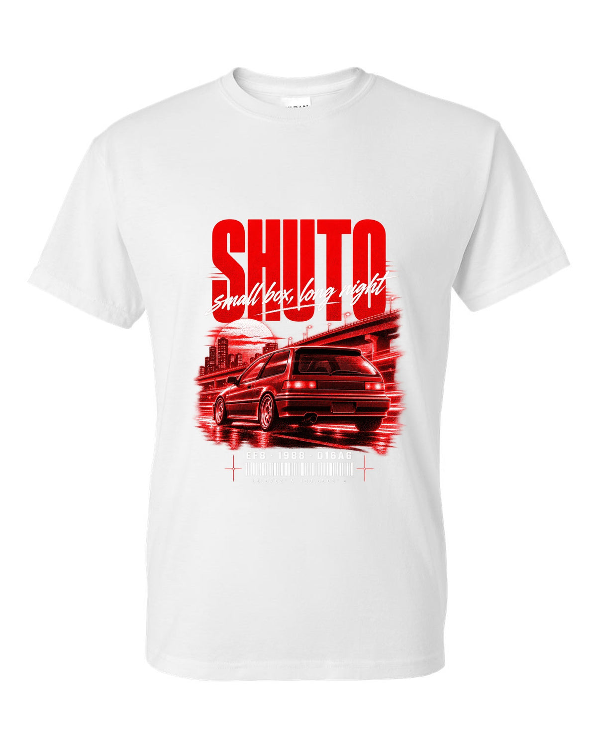 Street poster print for the 1988 Honda CRX EF8 Si with Shuto night lettering and D16A6 engine code white t-shirt front view with the design
