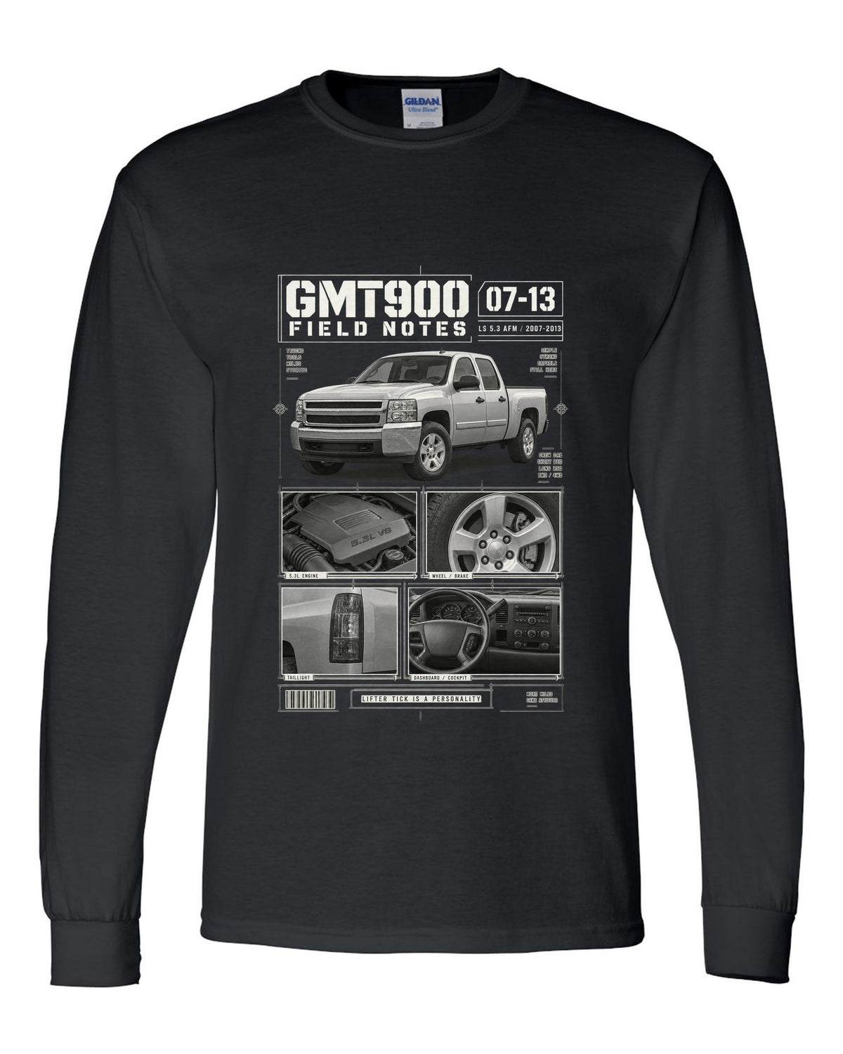 GMT900 Chevy Silverado crew cab field notes dossier print black long sleeve front view with the design
